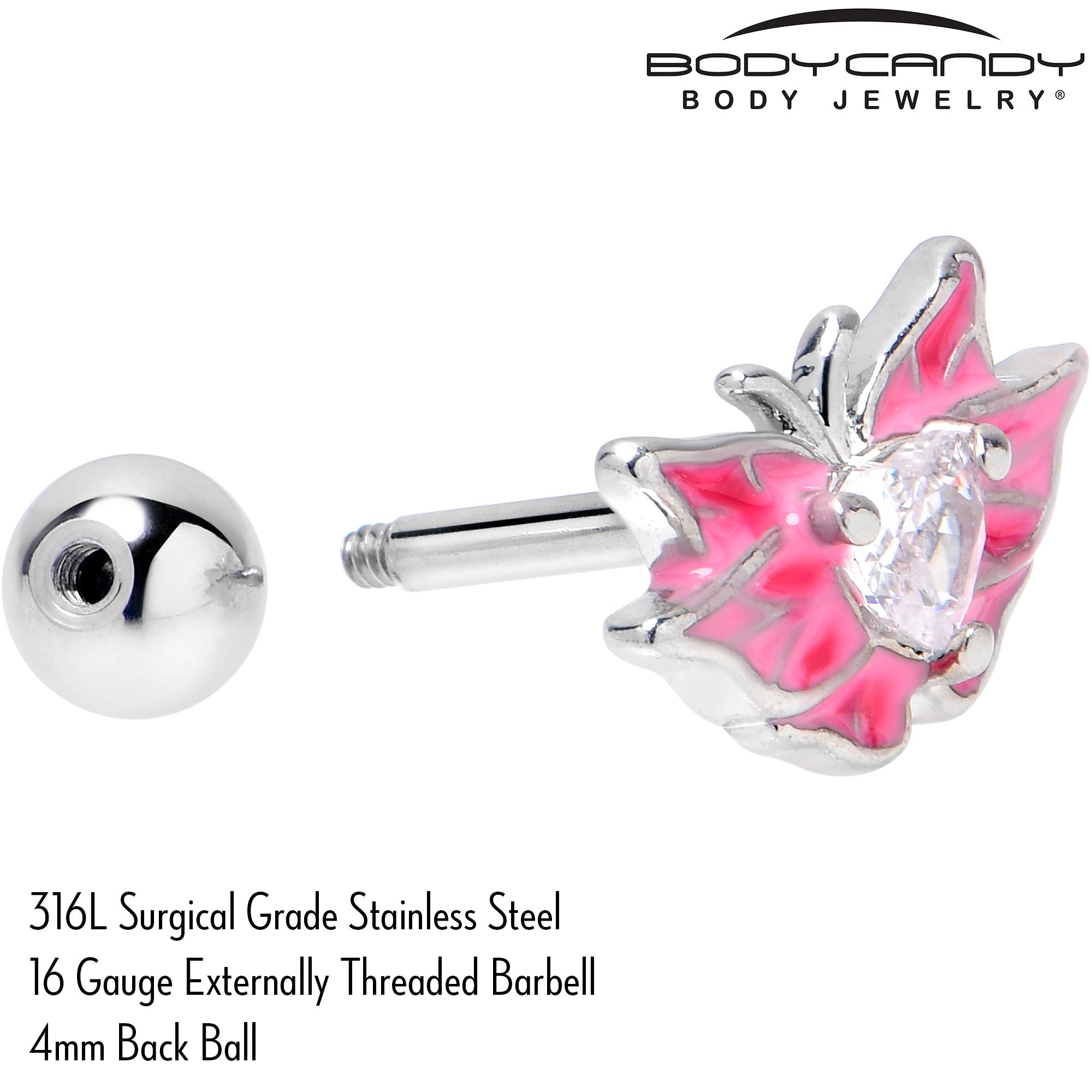 16G 1/4 Clear Gem Heart Pink Butterfly Cartilage Tragus Earring