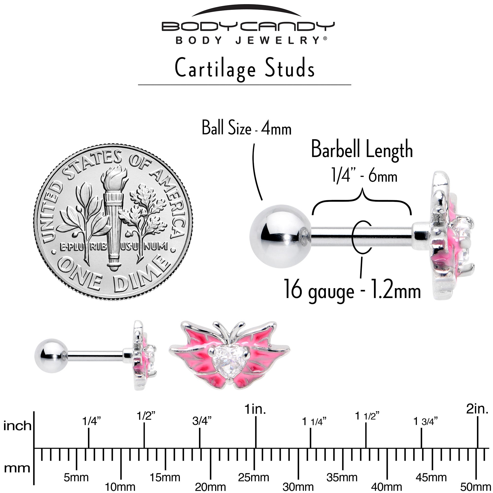 16G 1/4 Clear Gem Heart Pink Butterfly Cartilage Tragus Earring