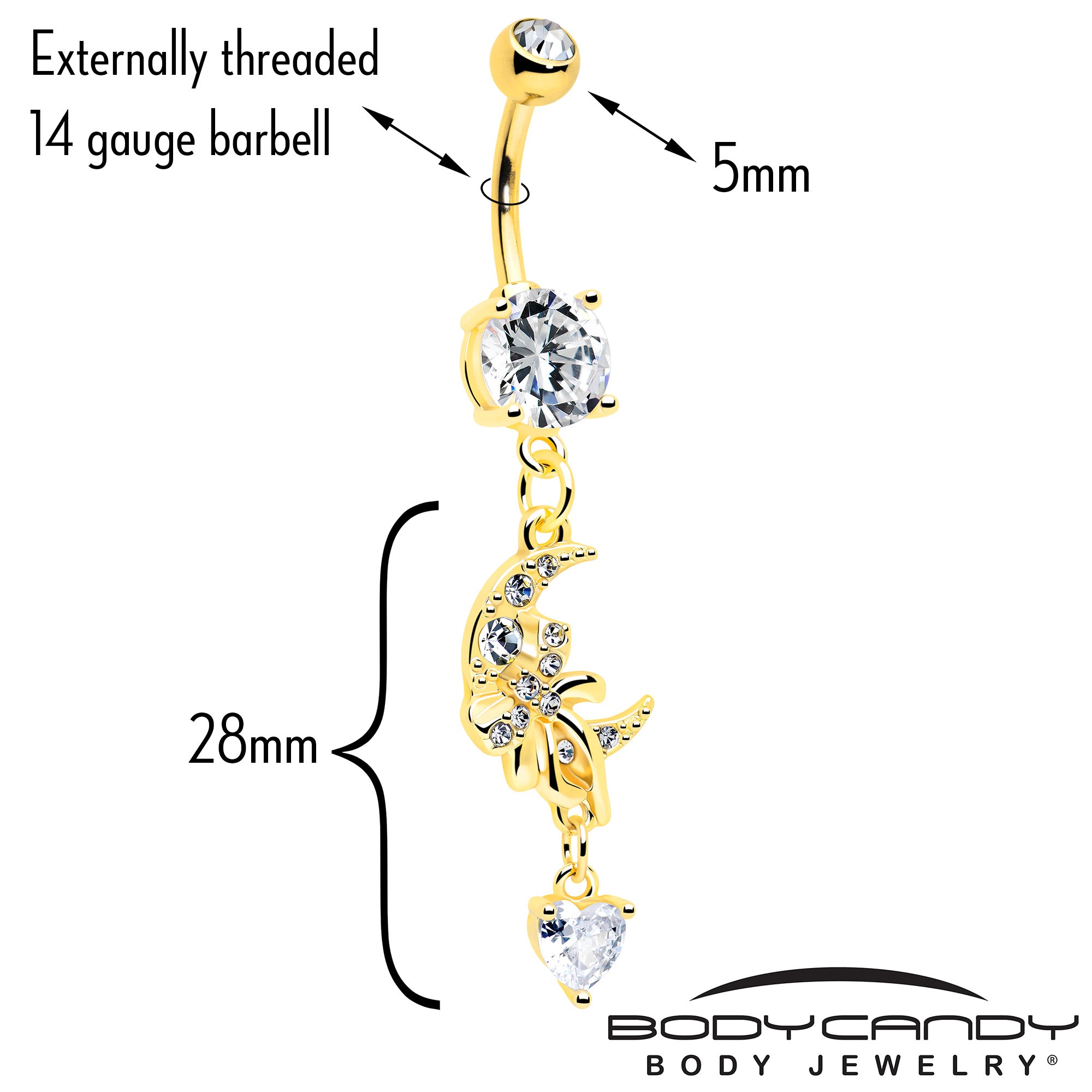 Clear CZ Gem Gold Tone Moon Bow Heart Dangle Belly Ring