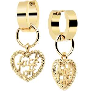 Gold Tone Stainless Steel Hinged Huggie Hoop Heart F*ck Off Dangle Earrings