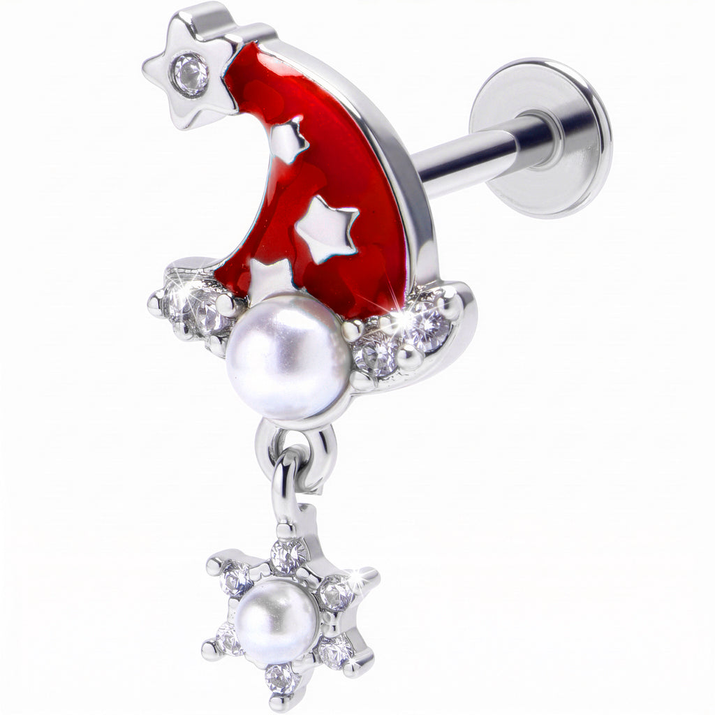 16 Gauge 5/16 Clear Gem Santa Hat Stars Red Dangle Labret Monroe Tragus
