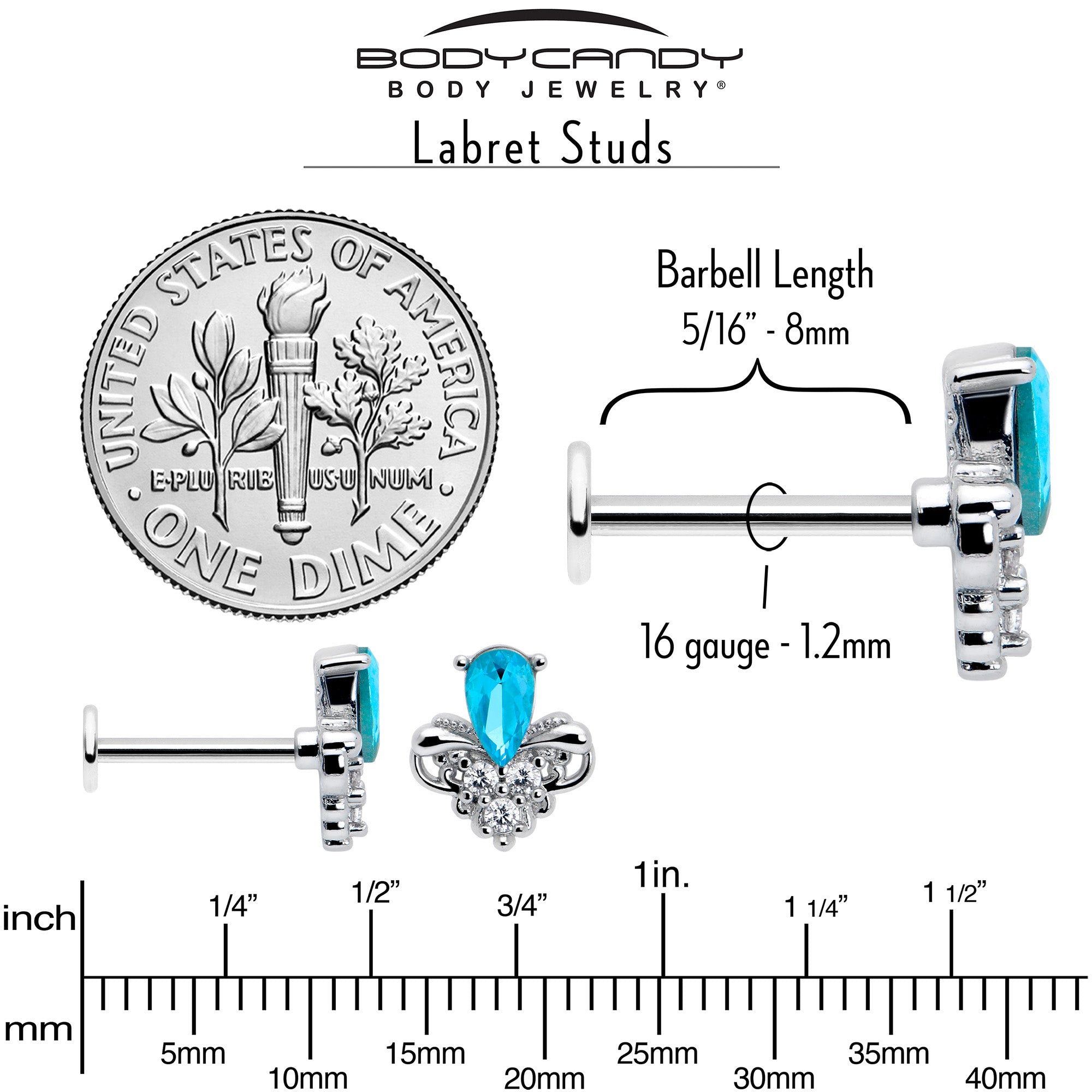 Blue Gem Tragus Labret Monroe 16 Gauge Stud Earring