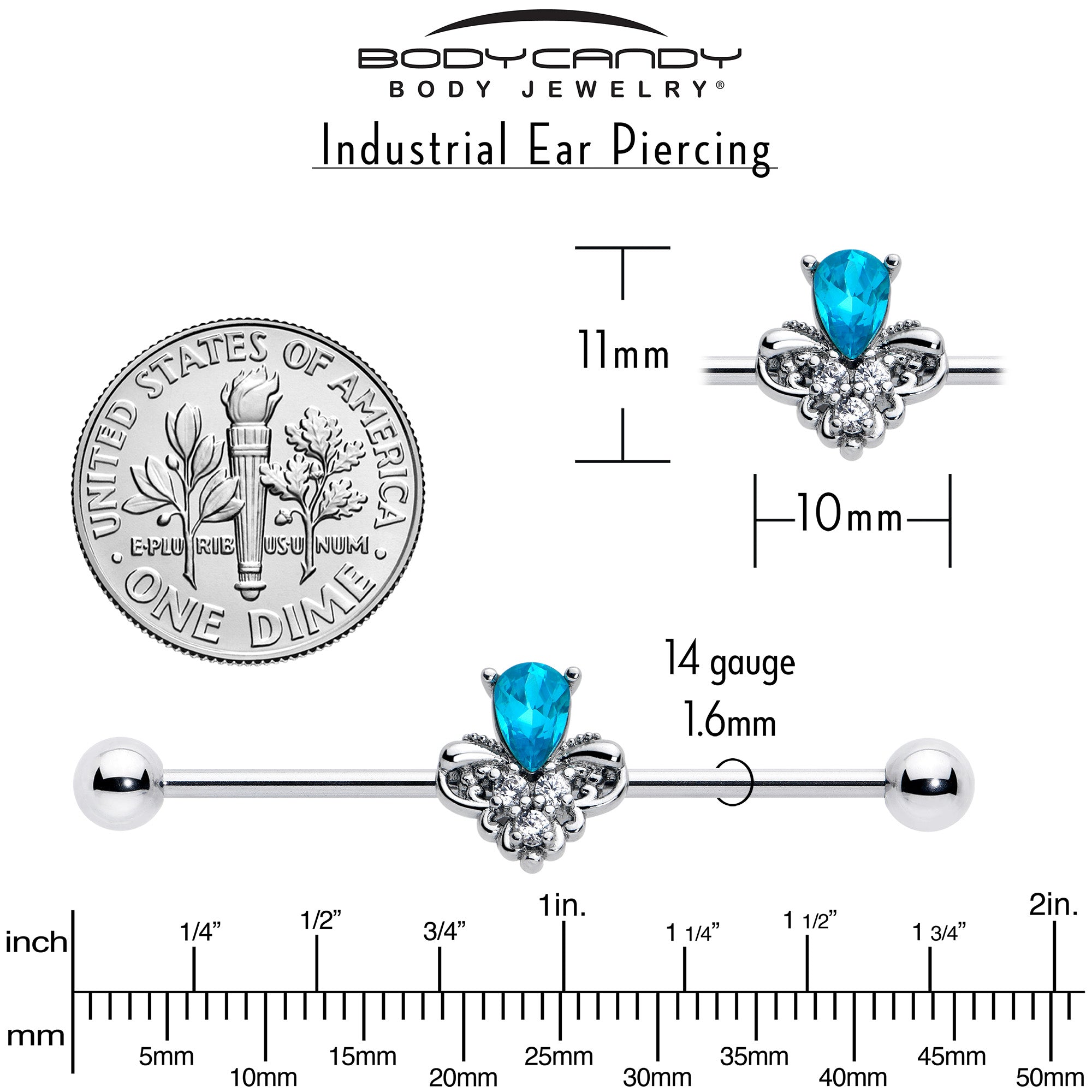 14g 38mm industrial barbell with blue gem design