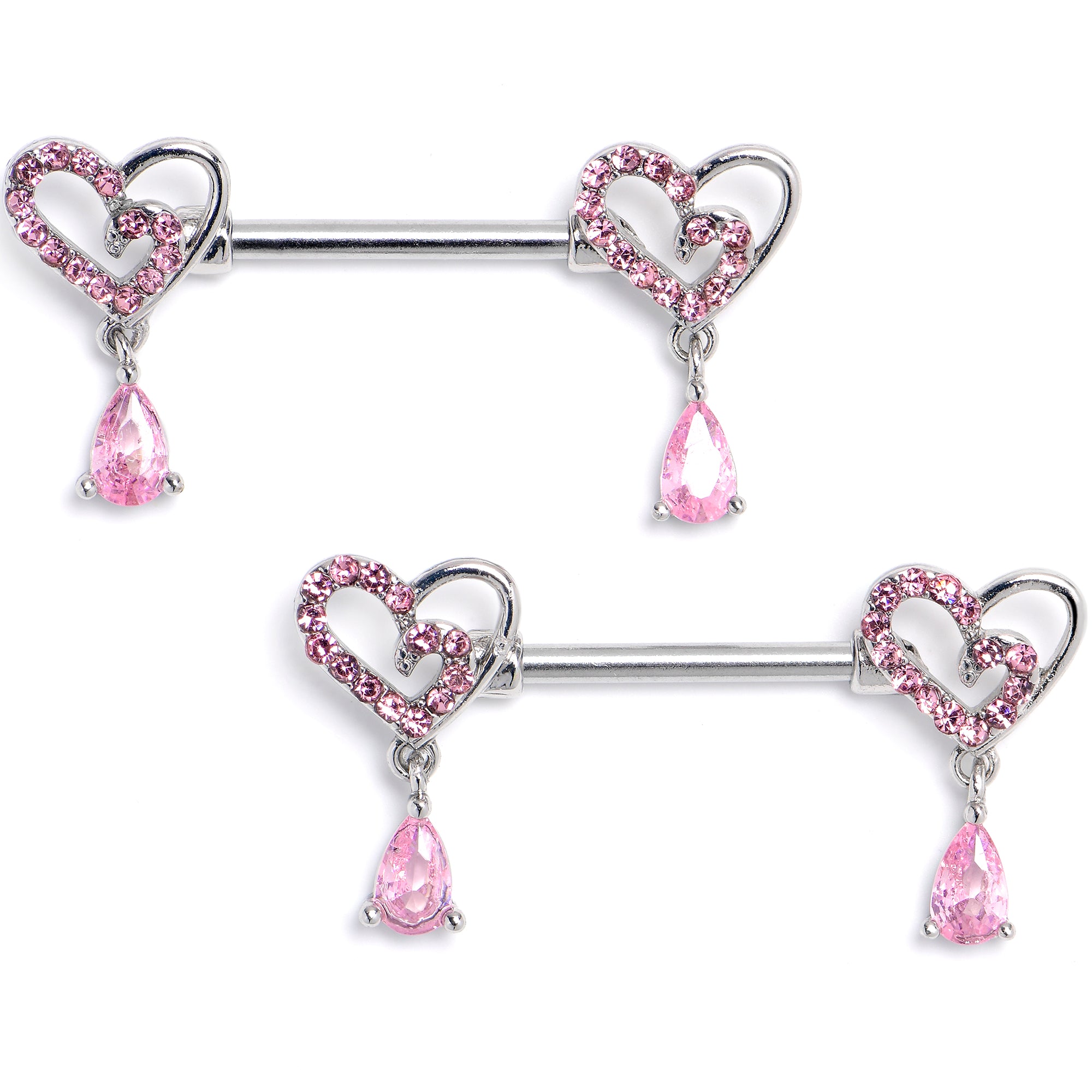 14G 9/16 Pink CZ Gem Asymmetrical Heart Dangle Nipple Ring Set