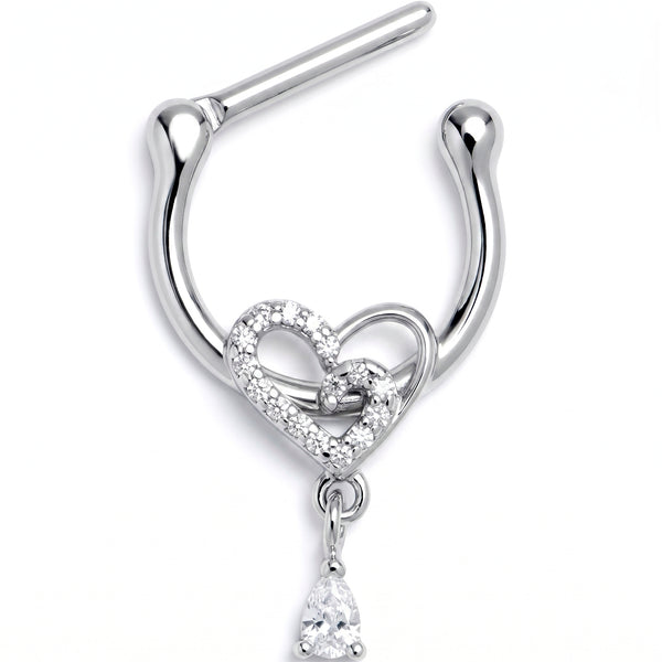 16G 5/16 Clear CZ Gem Asymmetrical Heart Dangle Cartilage Clicker