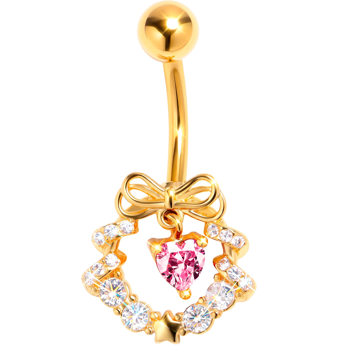 Clear Pink CZ Gem Gold Tone Heart Wreath of Love Belly Ring