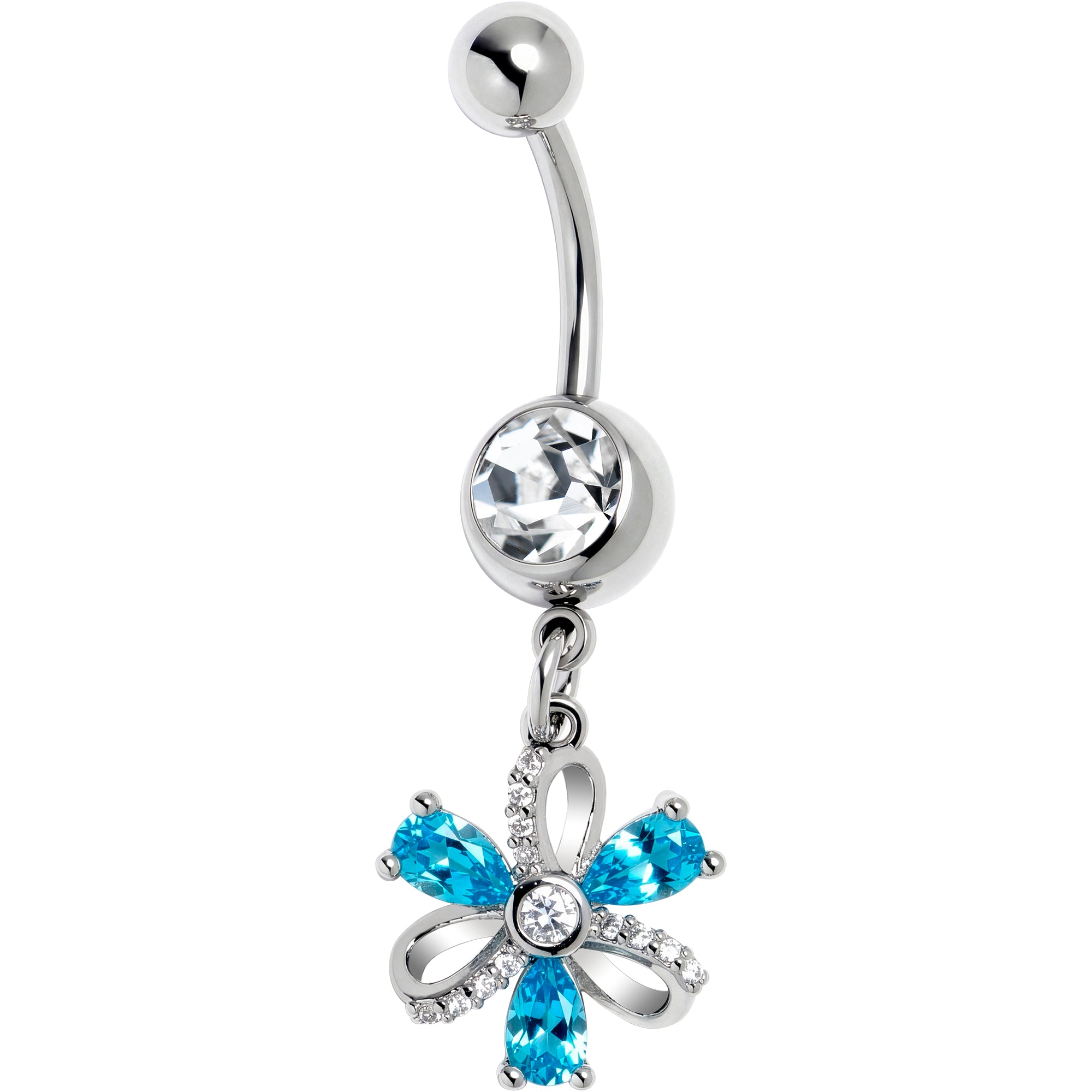 Clear Blue CZ Gem Bling Flower Glam Dangle Belly Ring