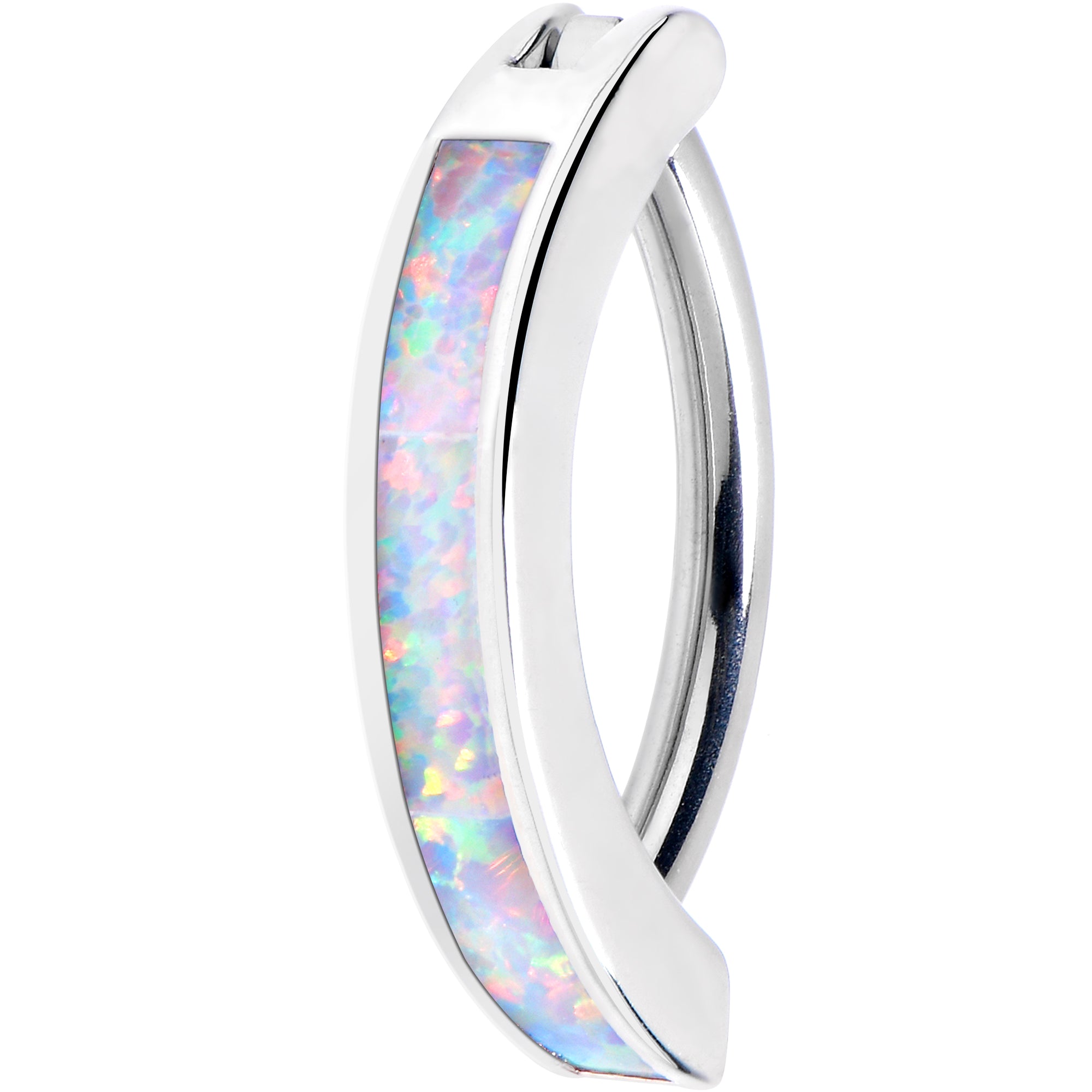 14 Gauge 3/8 White Synthetic Opal ASTM F-136 Implant Grade Titanium Hinged Hoop Belly Ring