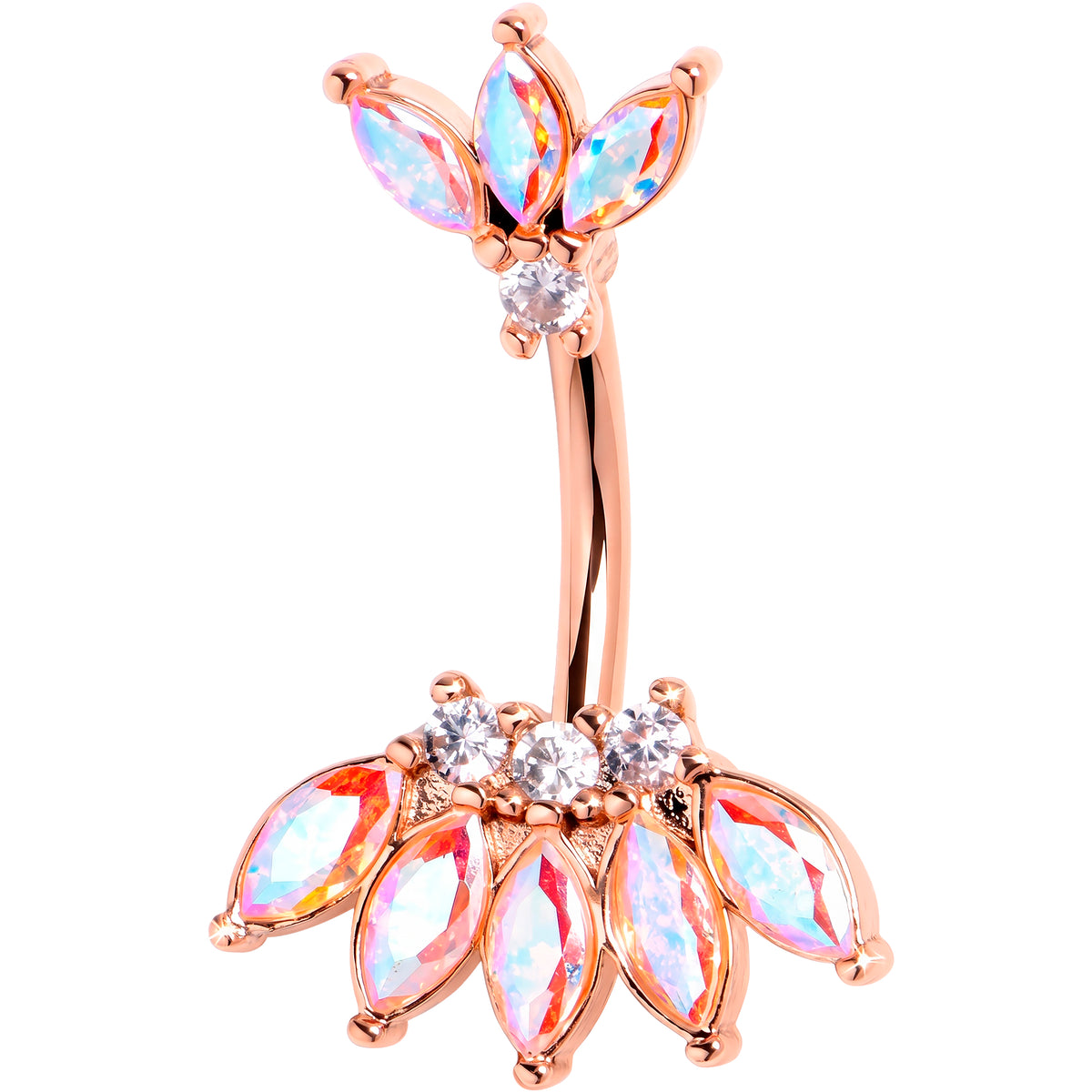 Clear Aurora Gem Rose Gold Tone Fashion Fan Double Mount Belly Ring