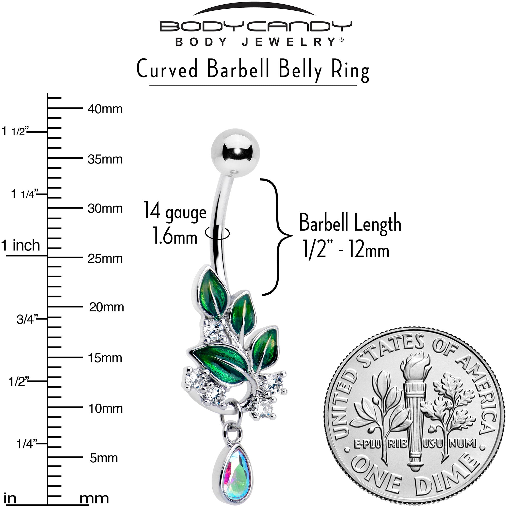 Aurora CZ Belly Ring with Leaf Dangle Charm