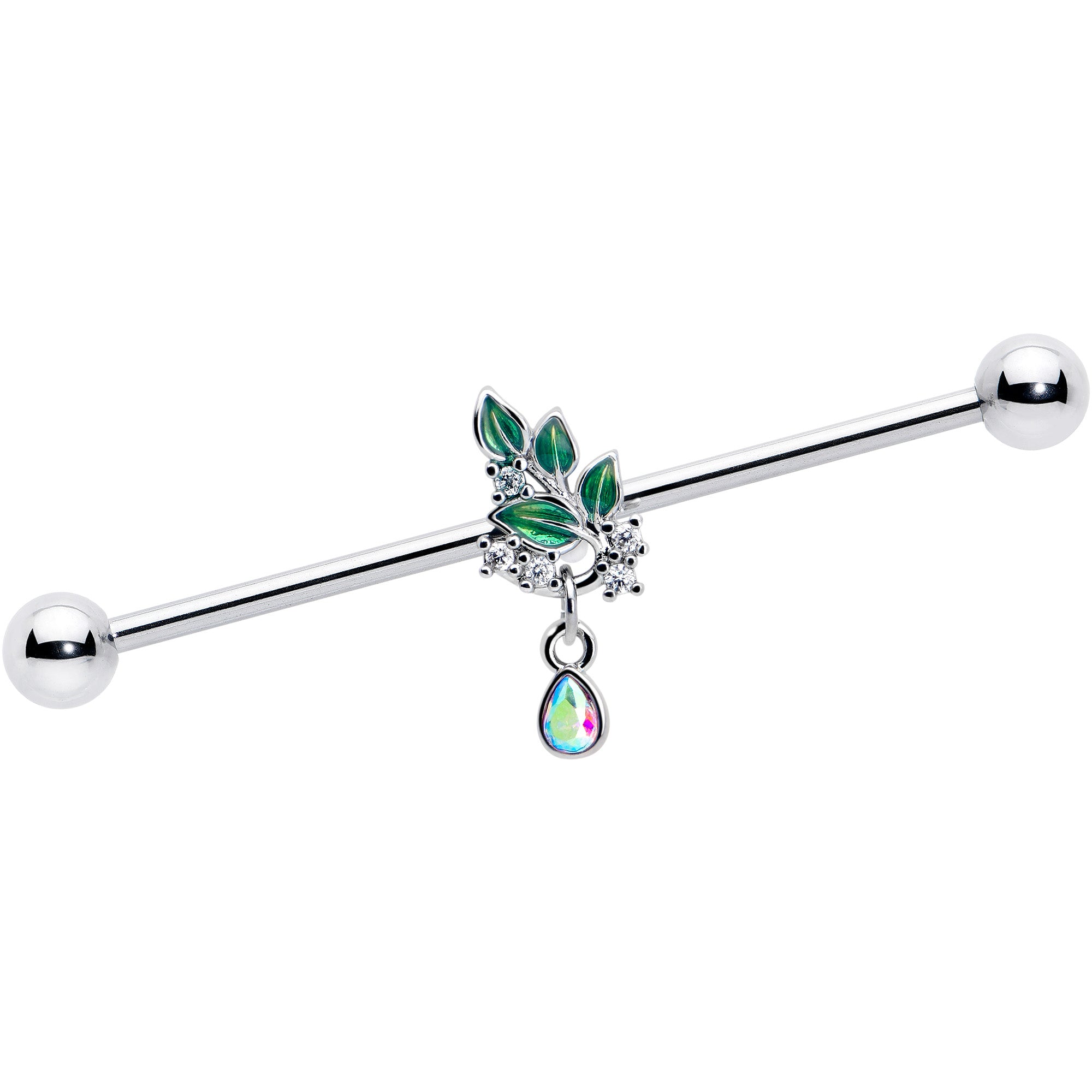 14 Gauge Aurora CZ Gem Industrial Barbell with Morning Leaves Design