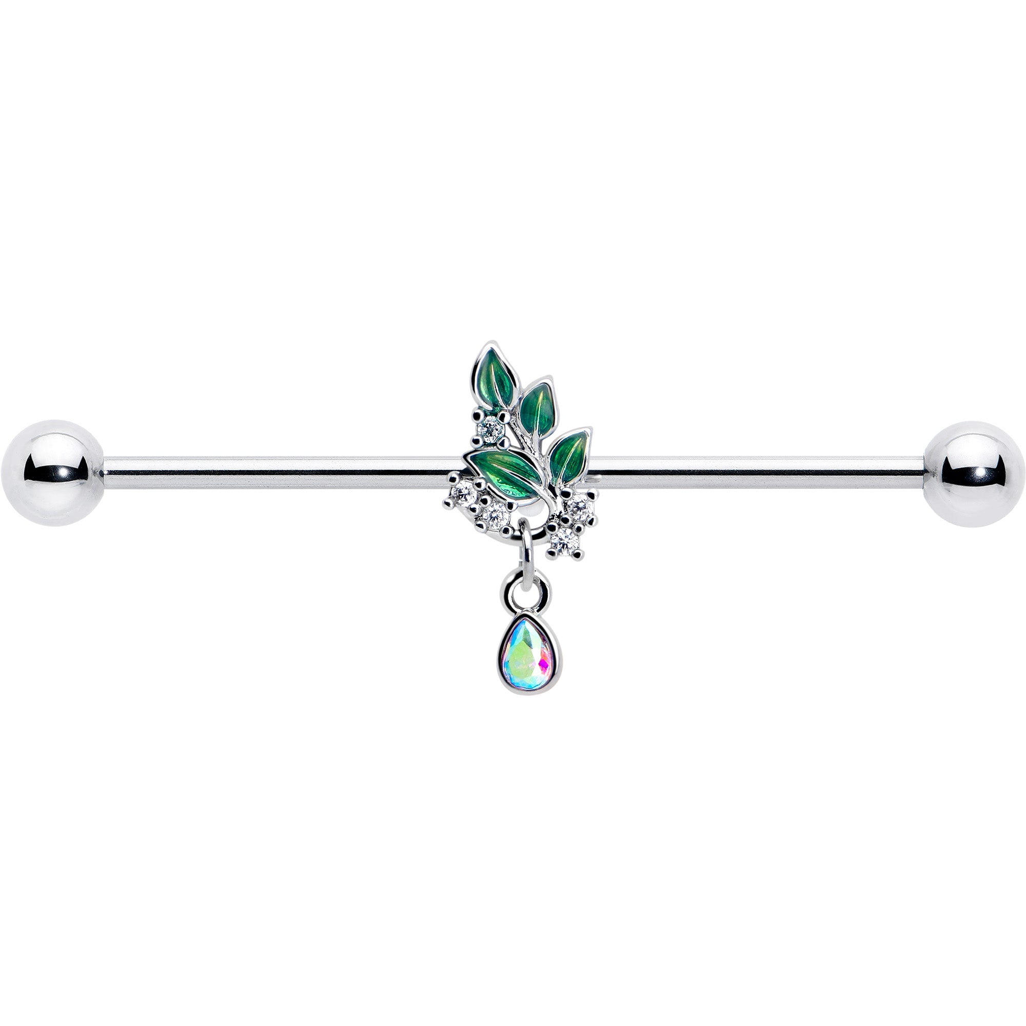 Morning Leaves Dangle Industrial Barbell 14 Gauge Aurora CZ Gem