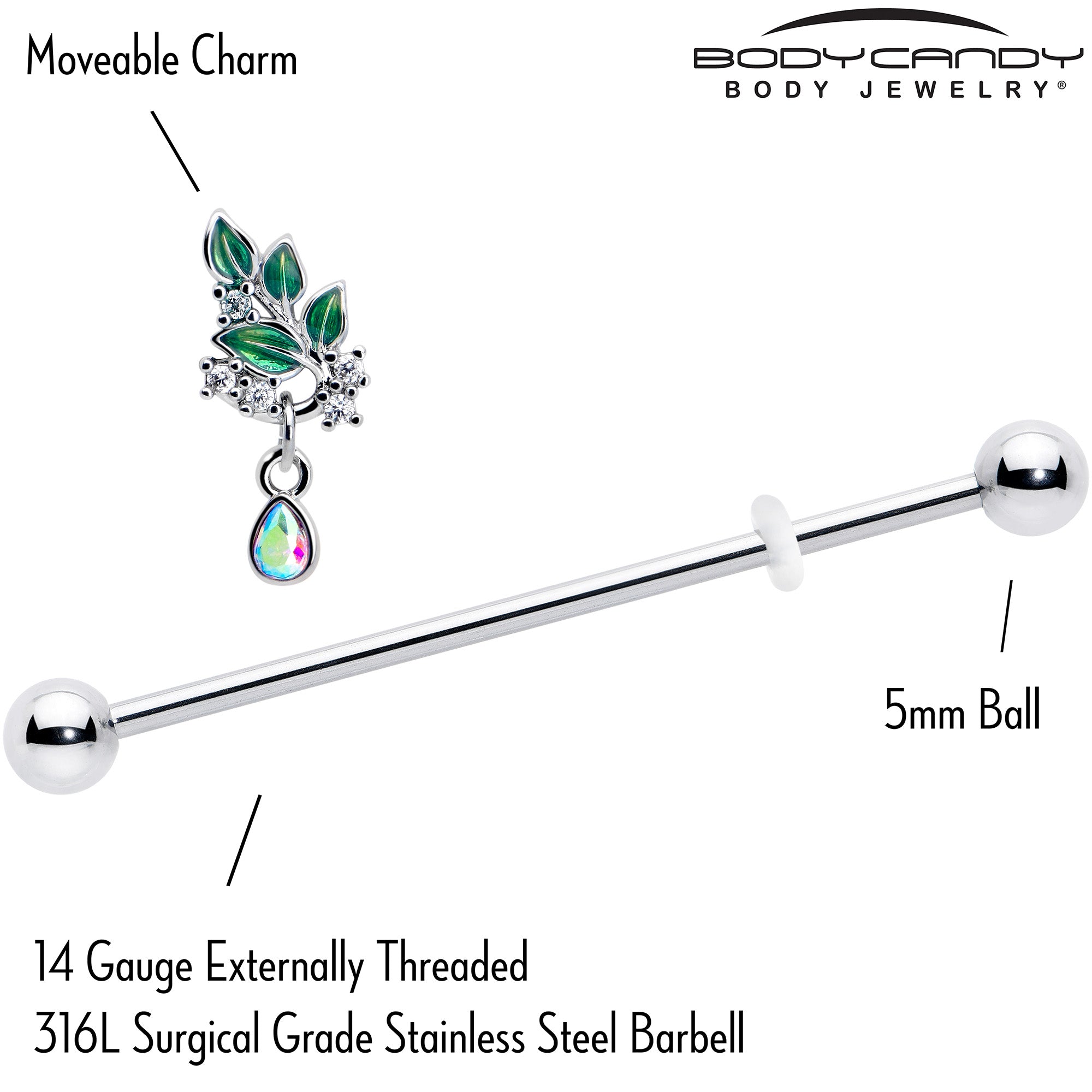 Aurora CZ Gem 14 Gauge Industrial Barbell with Morning Leaves Dangle