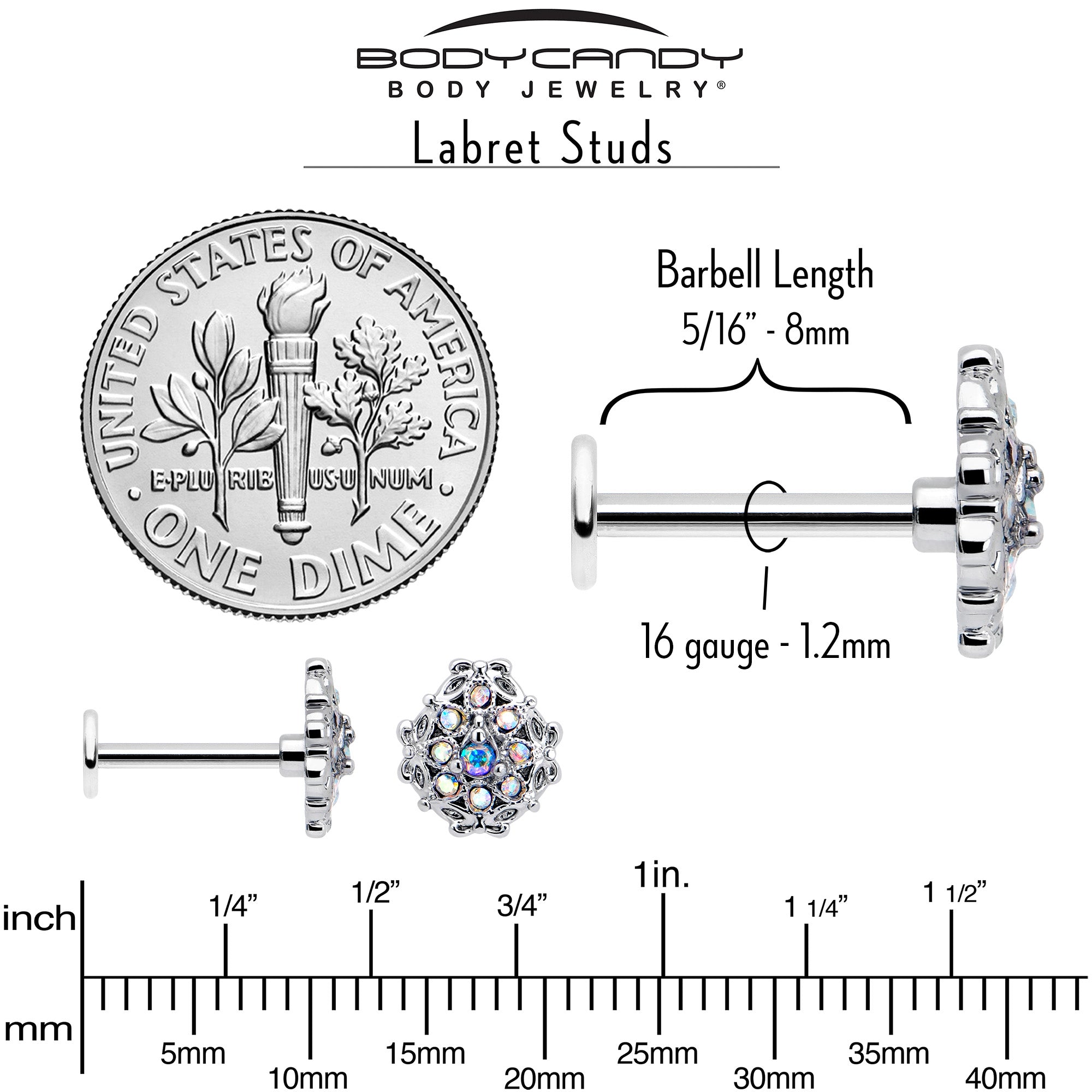 16 Gauge Retro Sunburst Gem Labret Jewelry