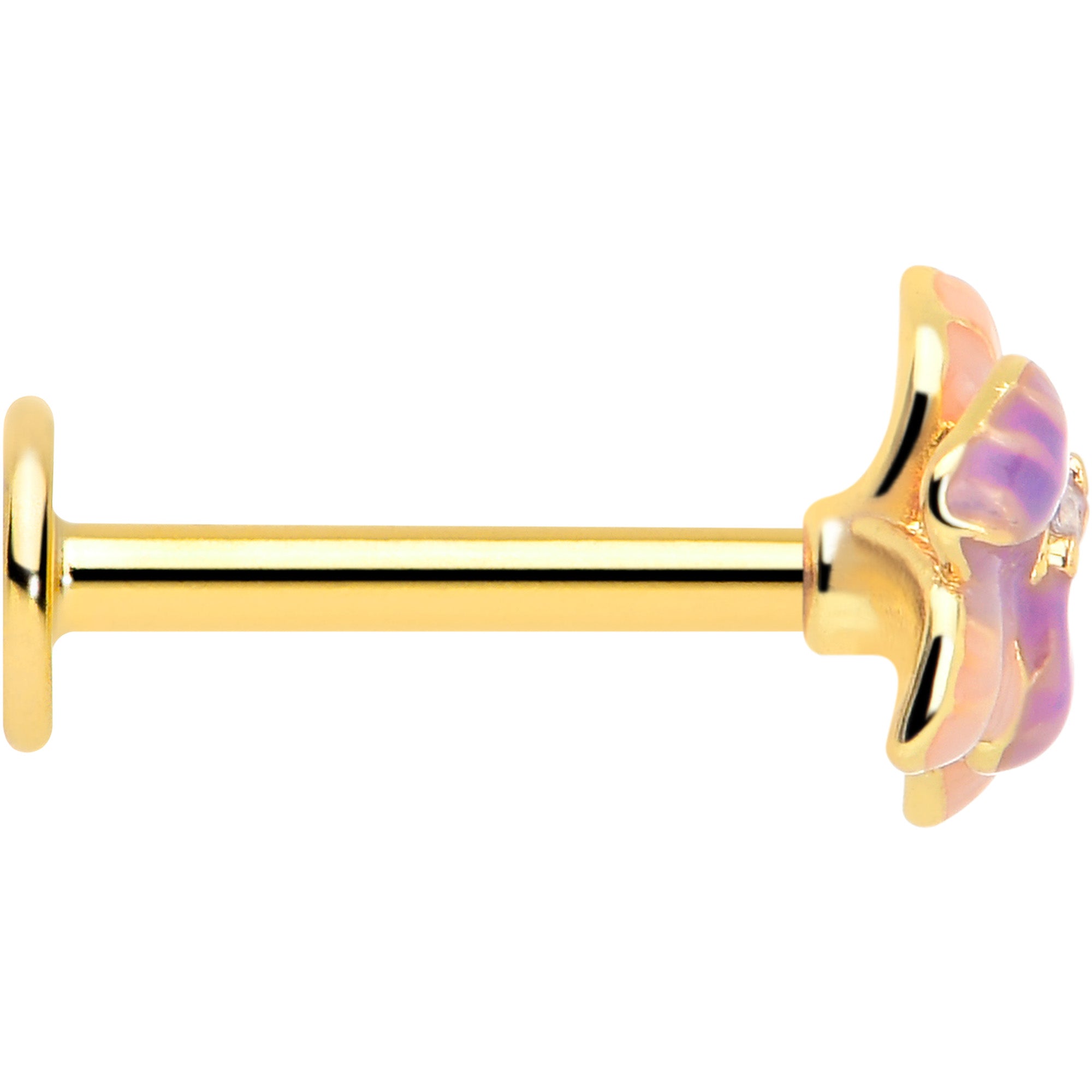 Gold Tone 16 Gauge Pastel Flower Labret with Clear Gem