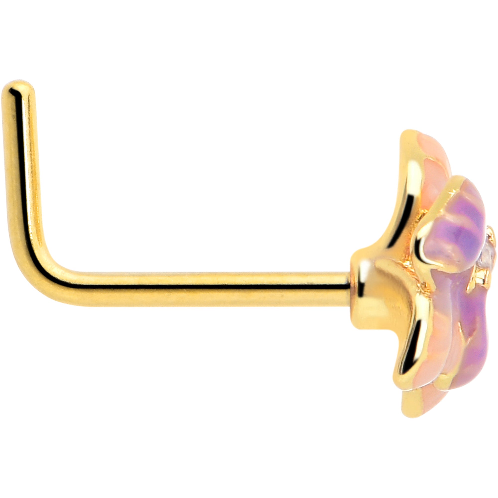 Gold Tone 20 Gauge Clear Gem Pastel Flower L Shape Nose Ring