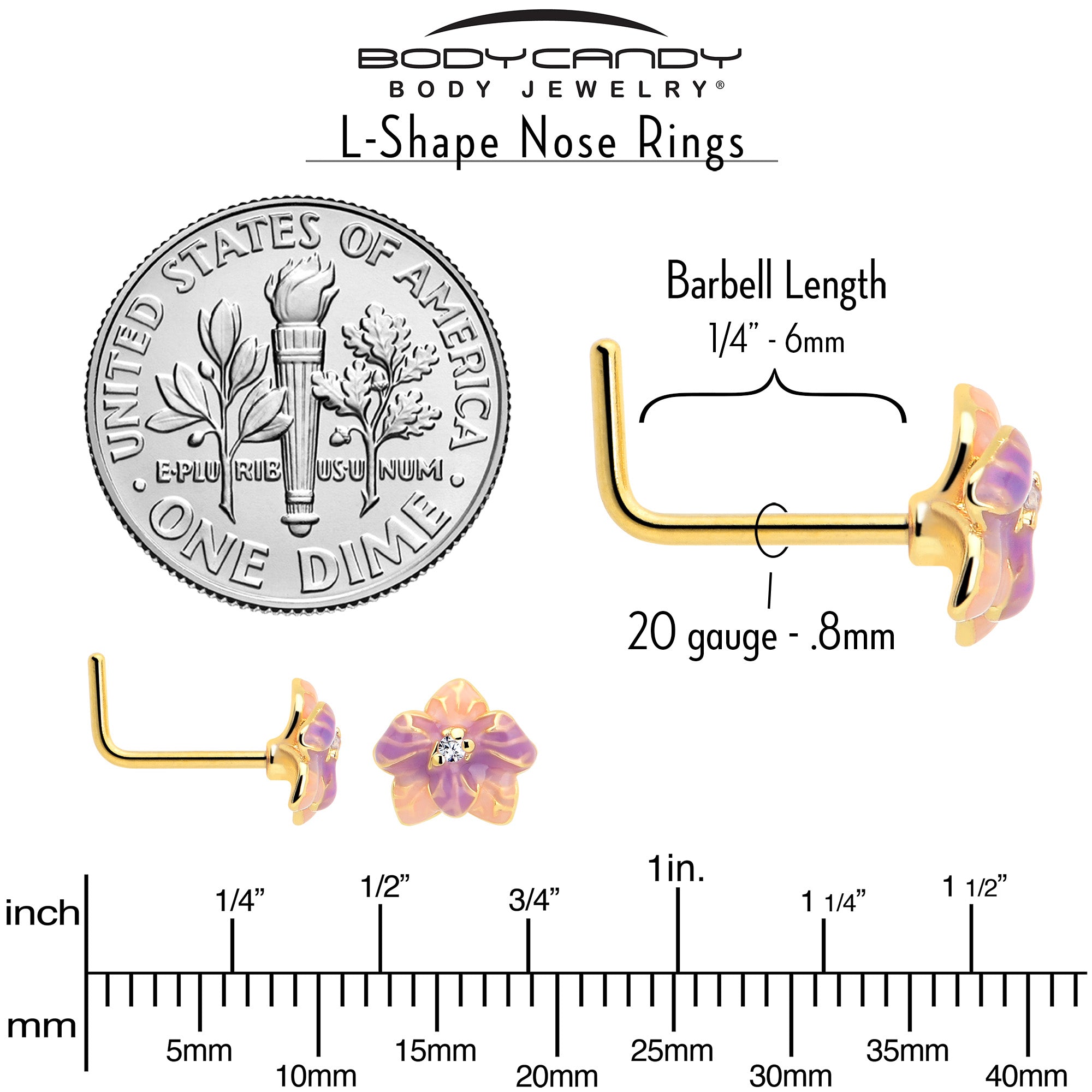 Pastel Flower Clear Gem Gold Tone 20 Gauge Nose Ring