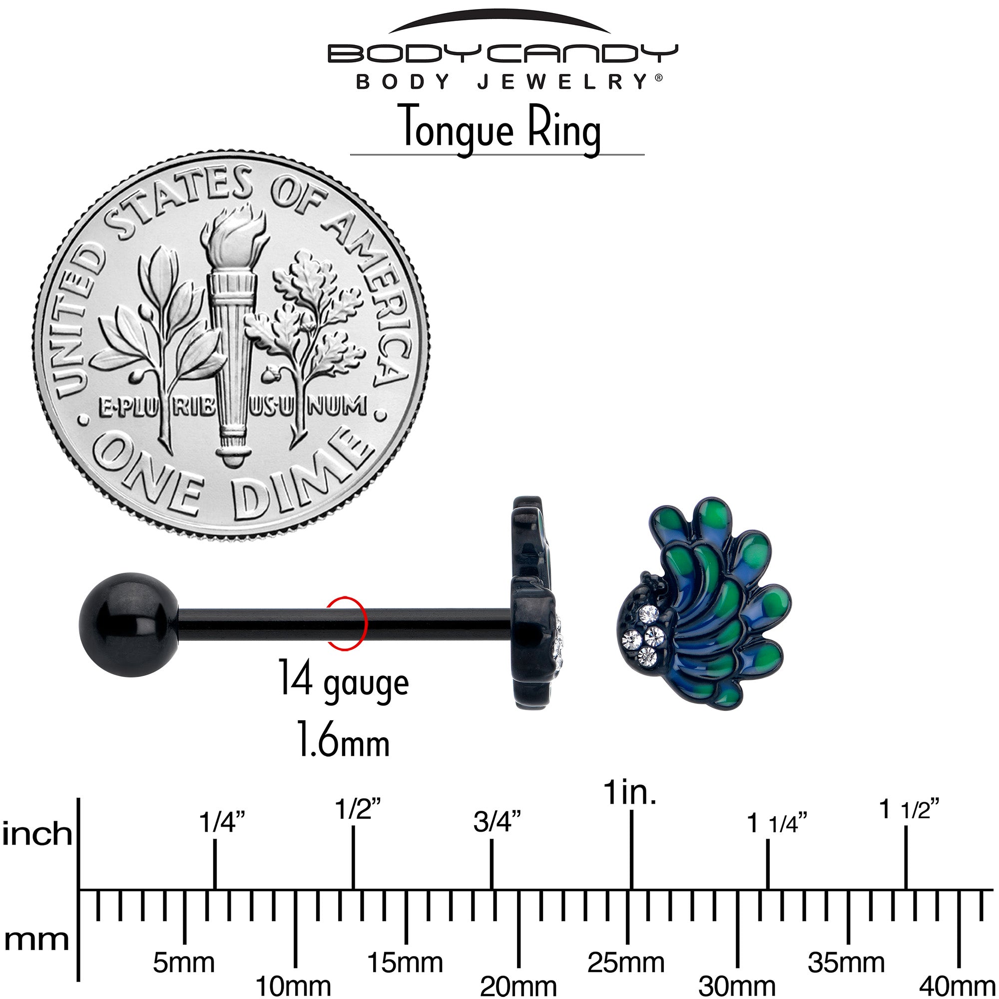 Clear Gem Black Peacock Green Barbell for Tongue Piercing