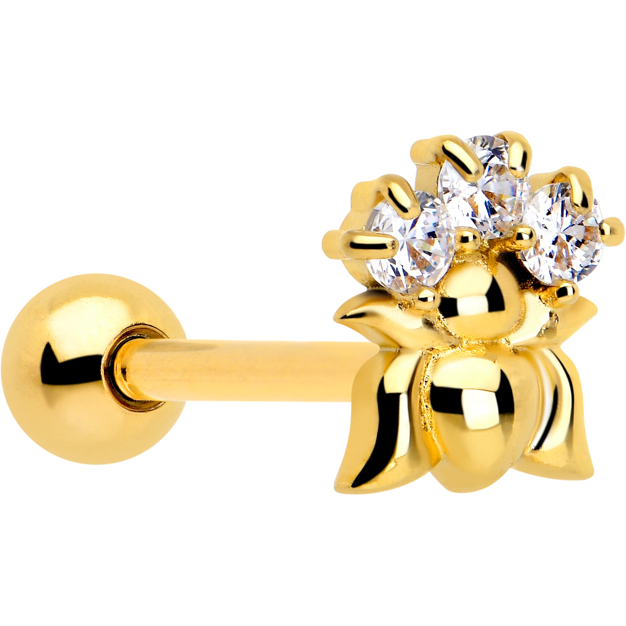 Clear CZ Gem Gold Tone Lotus Flower Barbell Tongue Ring