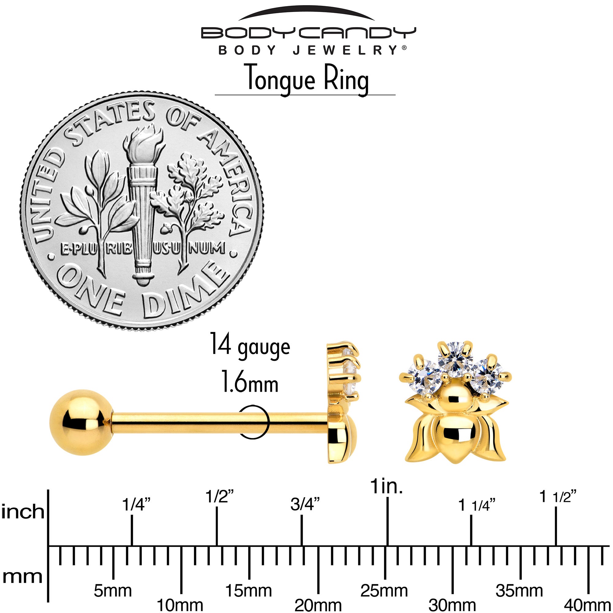 Lush Lotus Flower Gold Barbell with Clear CZ Gemstone