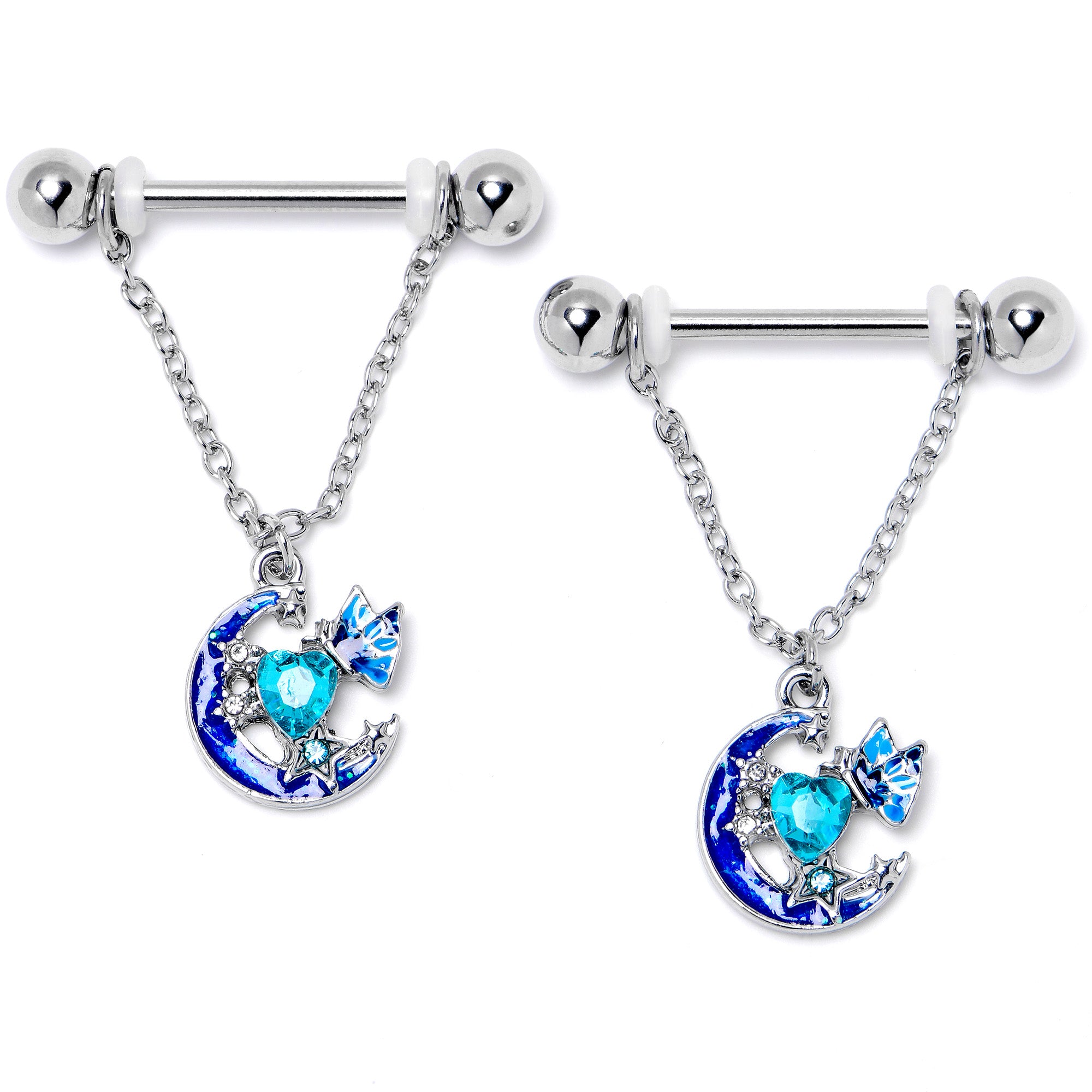 14G 9/16 Blue Gem Butterfly Love Heart Dangle Nipple Ring Set