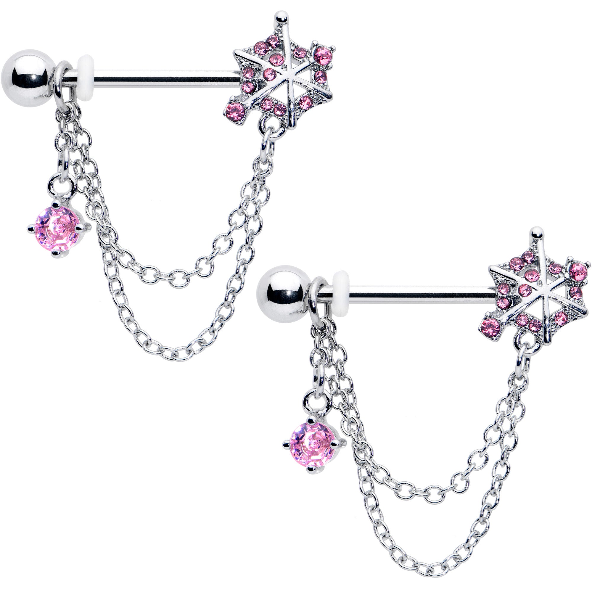 14 Gauge 9/16 Pink CZ Gem Spiderweb Chain Dangle Nipple Ring Set