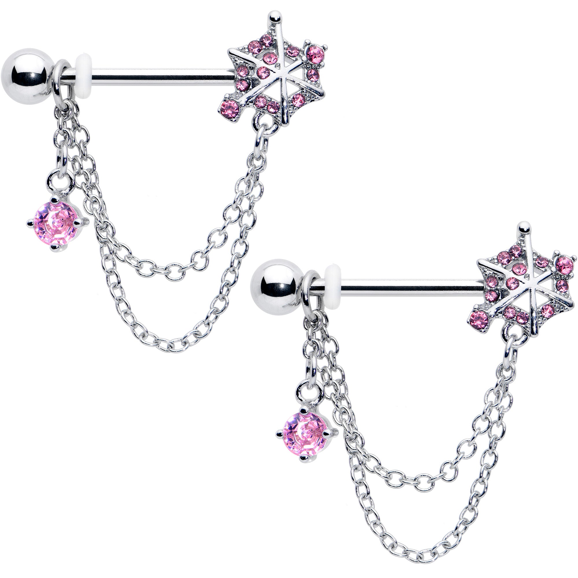 14G 9/16 Pink CZ Gem Spiderweb Chain Dangle Nipple Ring Set