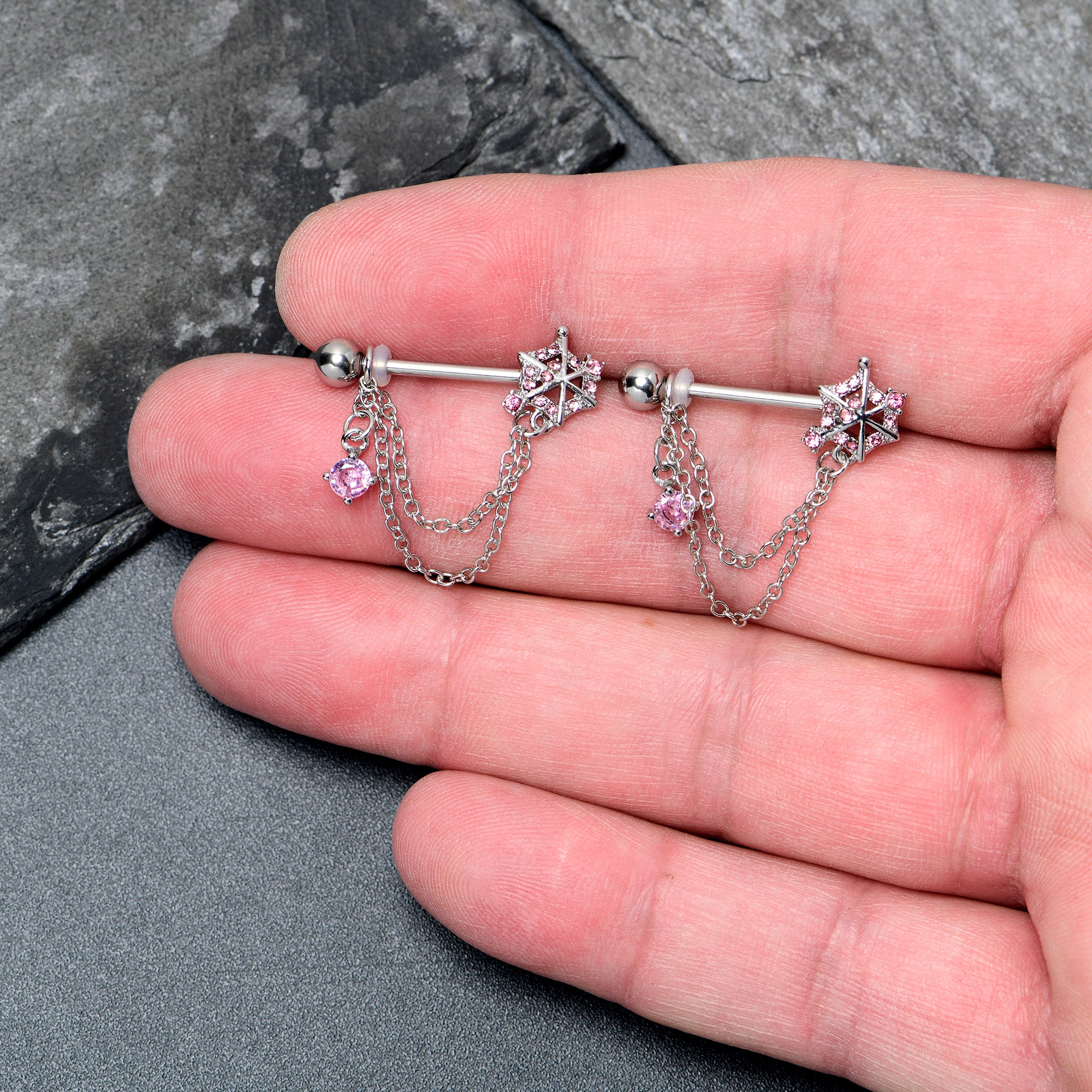 14G 9/16 Pink CZ Gem Spiderweb Chain Dangle Nipple Ring Set