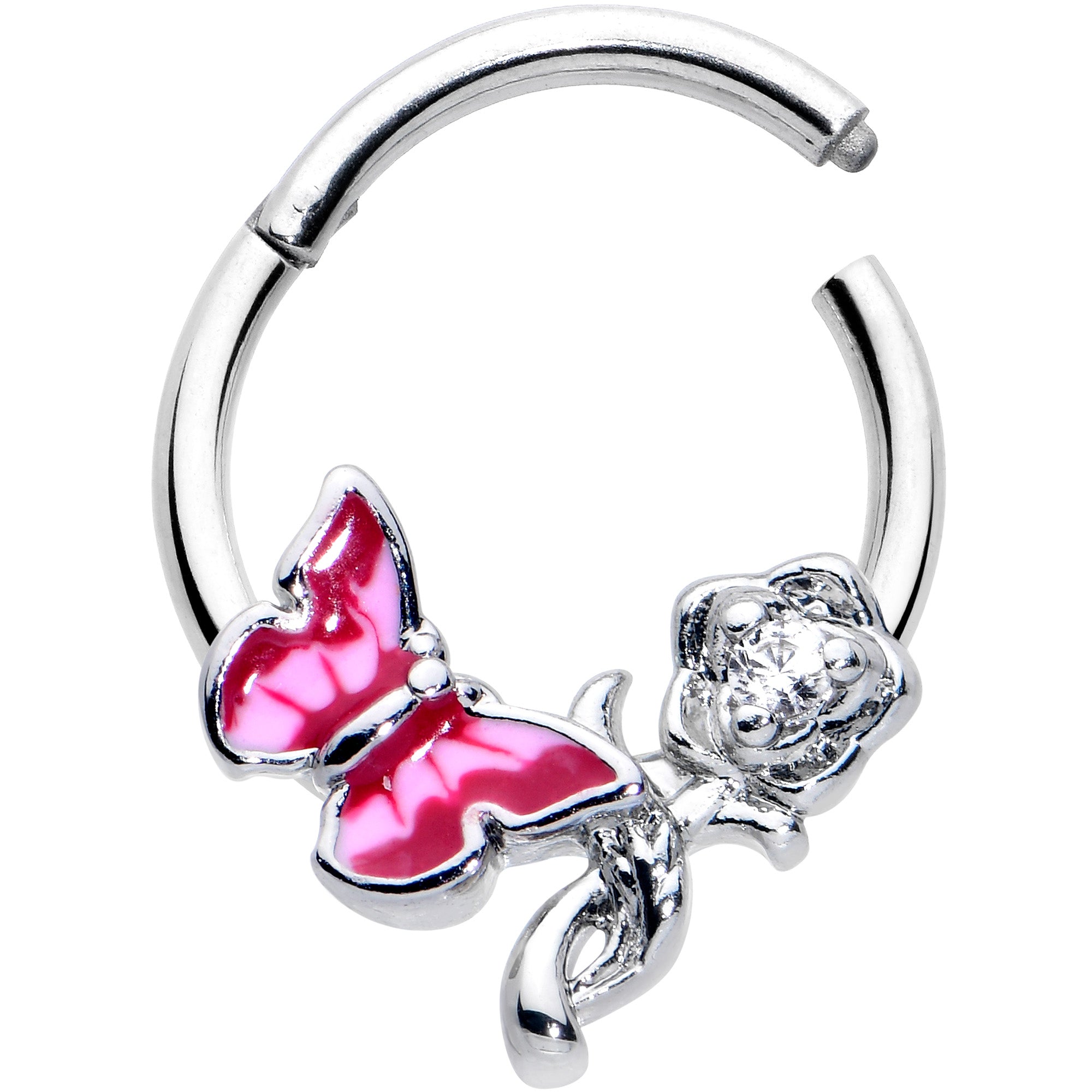 16G 3/8 Clear CZ Gem Butterfly Rose Flower Pink Hinged Segment Ring