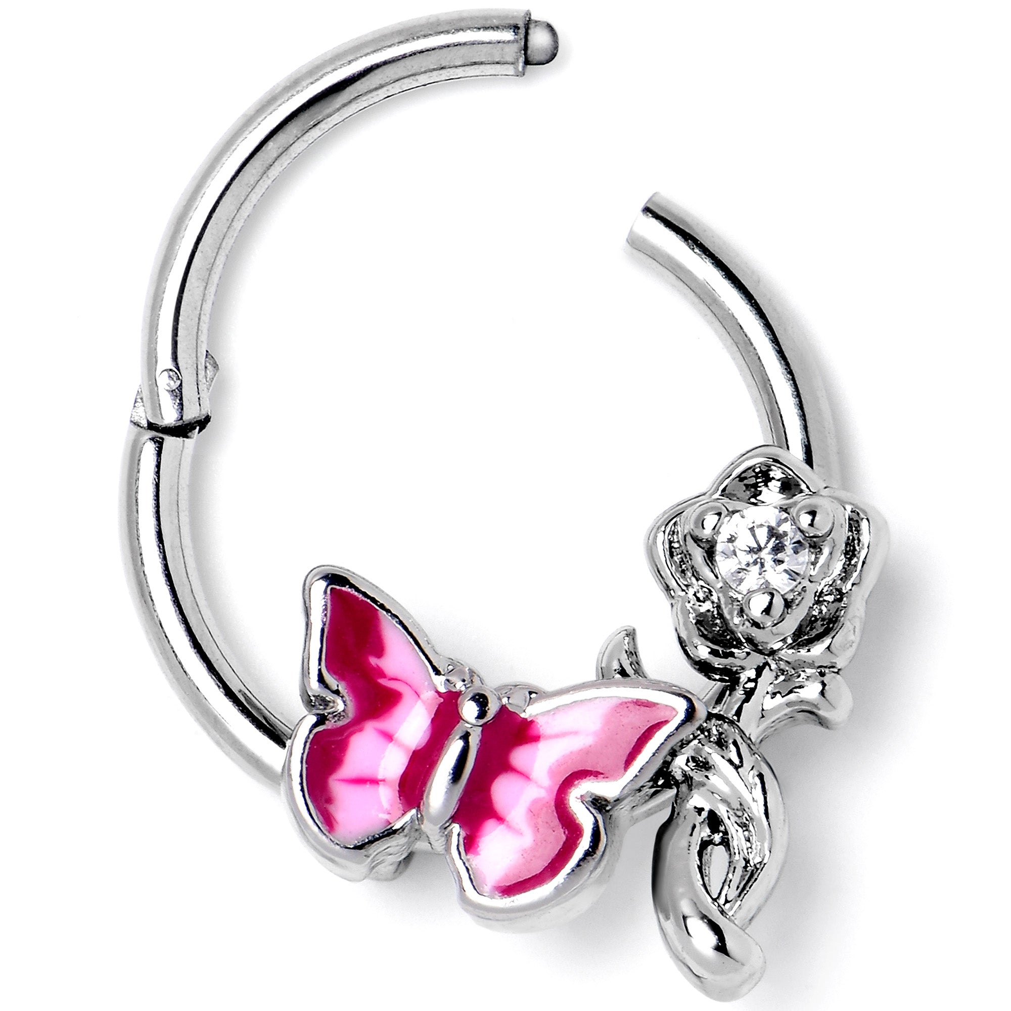 16G 3/8 Clear CZ Gem Butterfly Rose Flower Pink Hinged Segment Ring