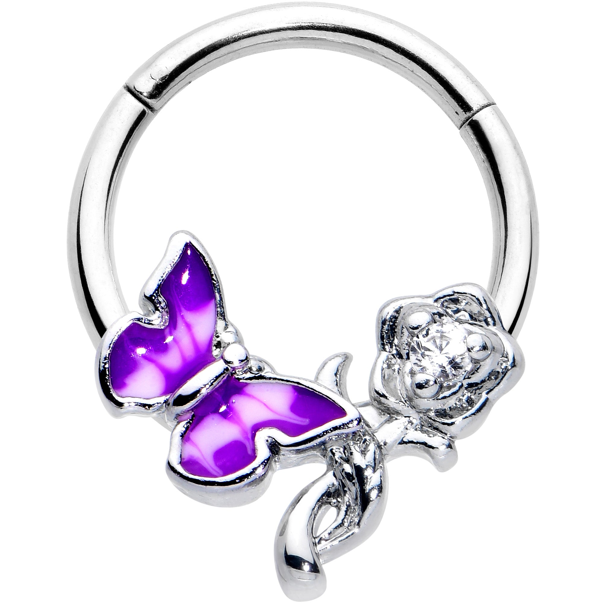 16G 3/8 Clear CZ Gem Butterfly Rose Purple Hinged Segment Ring