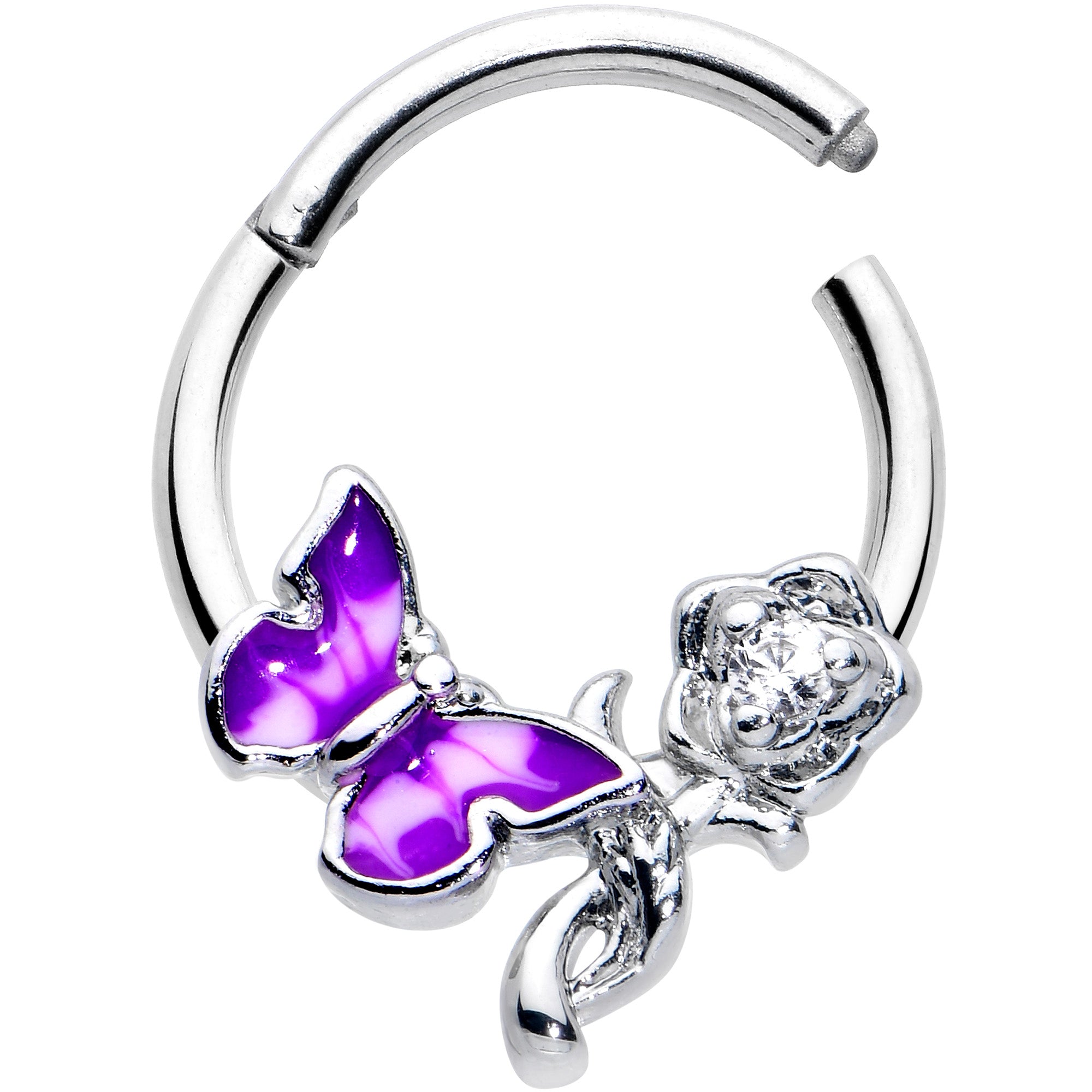 16G 3/8 Clear CZ Gem Butterfly Rose Purple Hinged Segment Ring