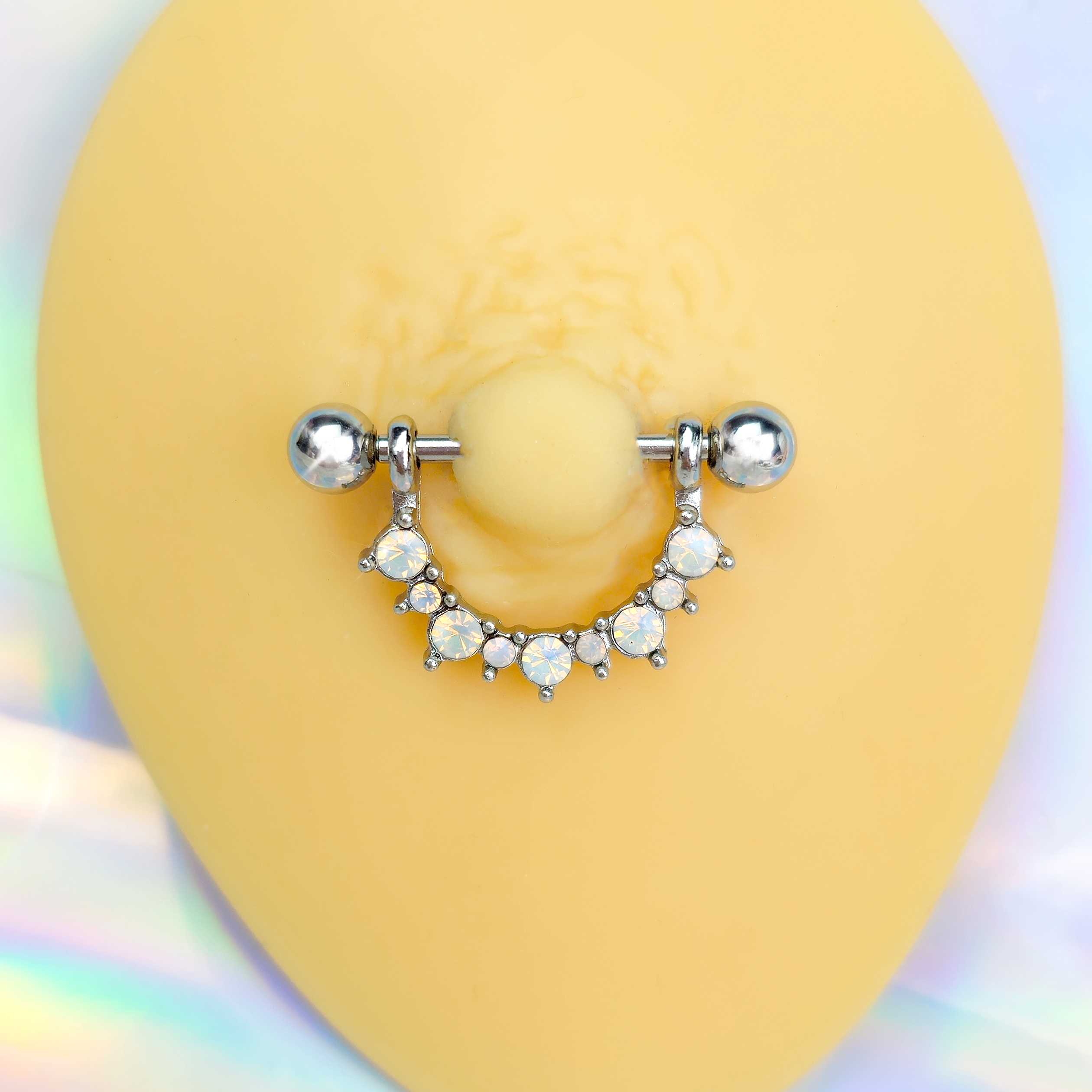 14G 9/16 White Synthetic Opal October Birthstone Nipple Shield Set