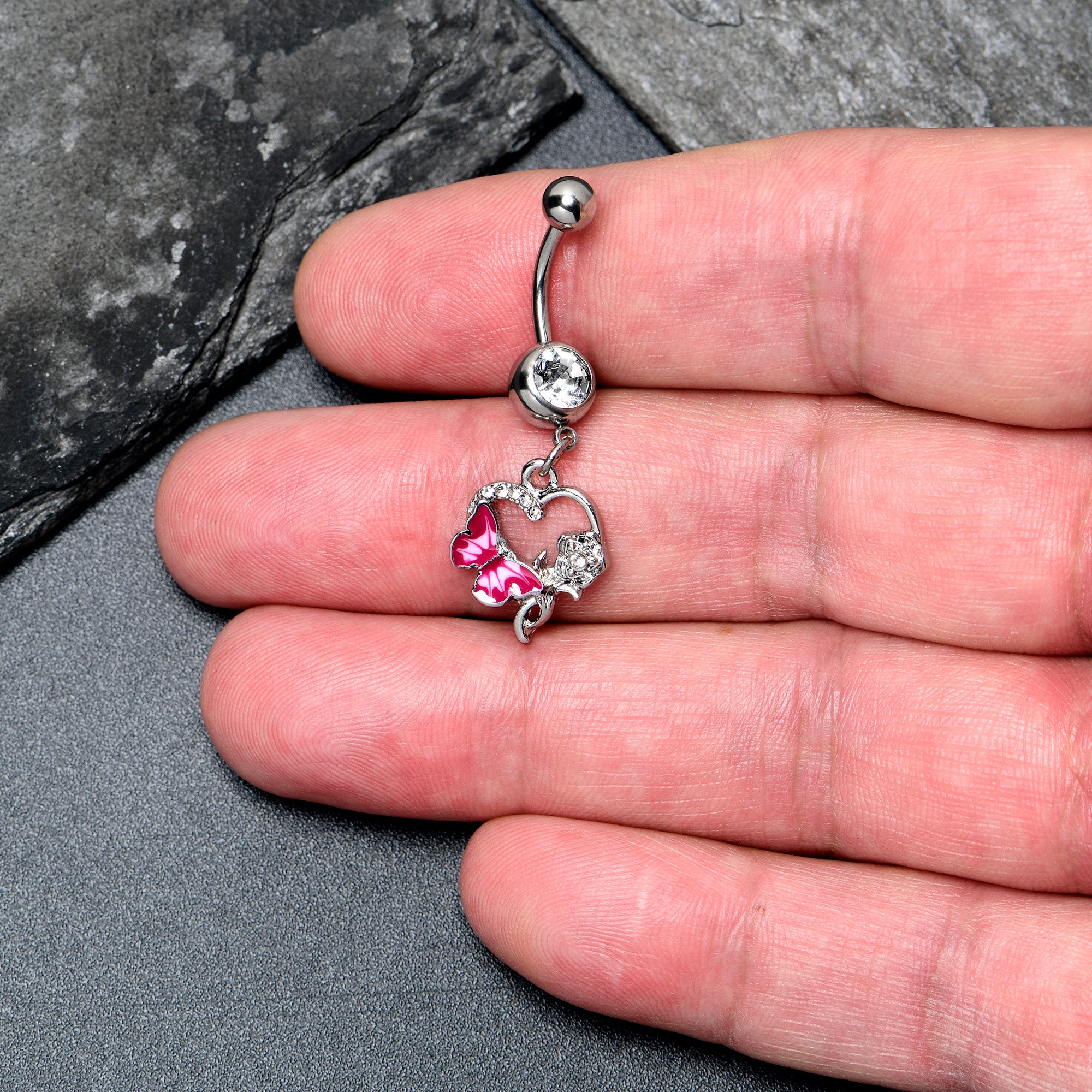 Clear Gem Butterfly Rose Flower Pink Dangle Belly Ring