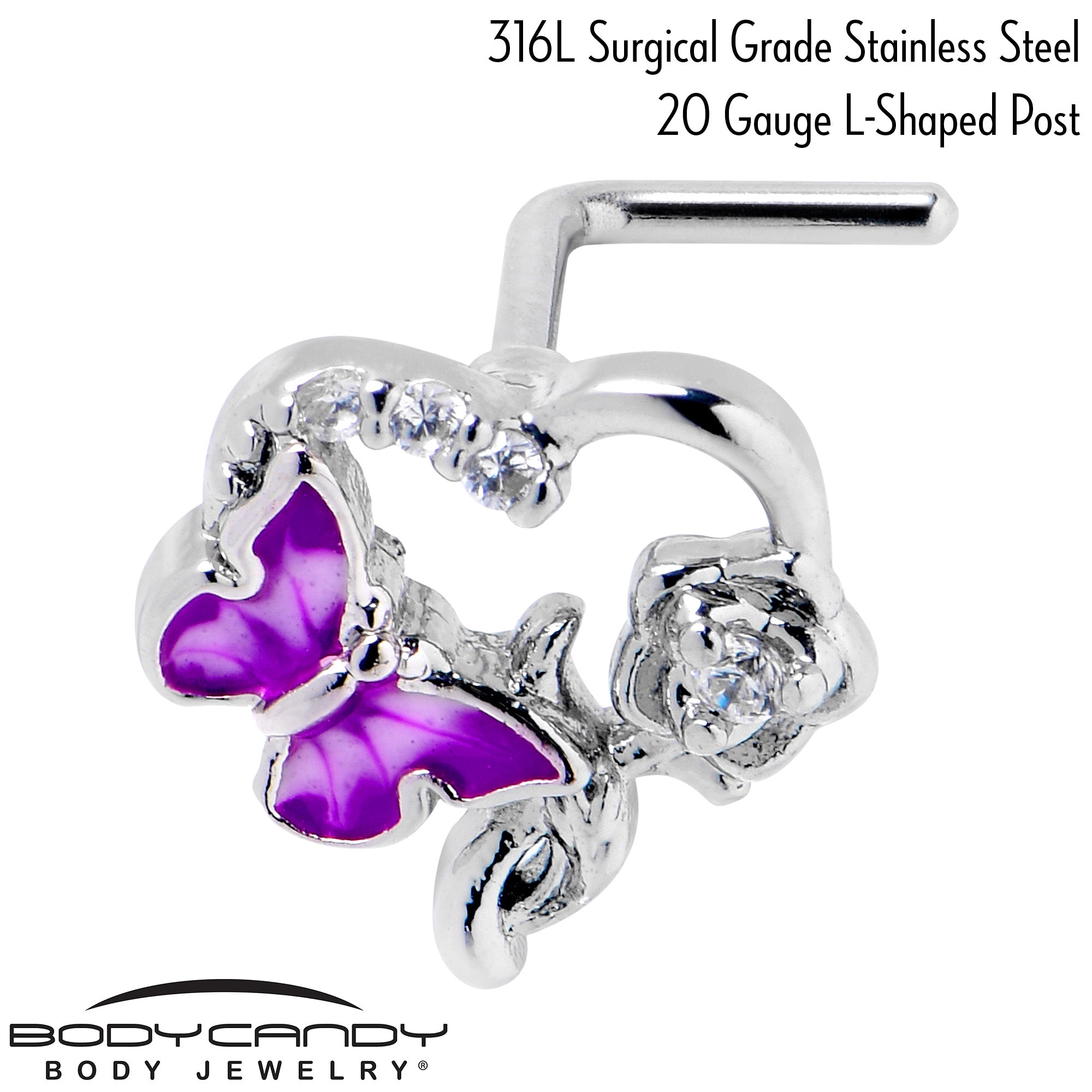 20G 7mm Clear CZ Gem Butterfly Rose Flower Purple L Shape Nose Ring