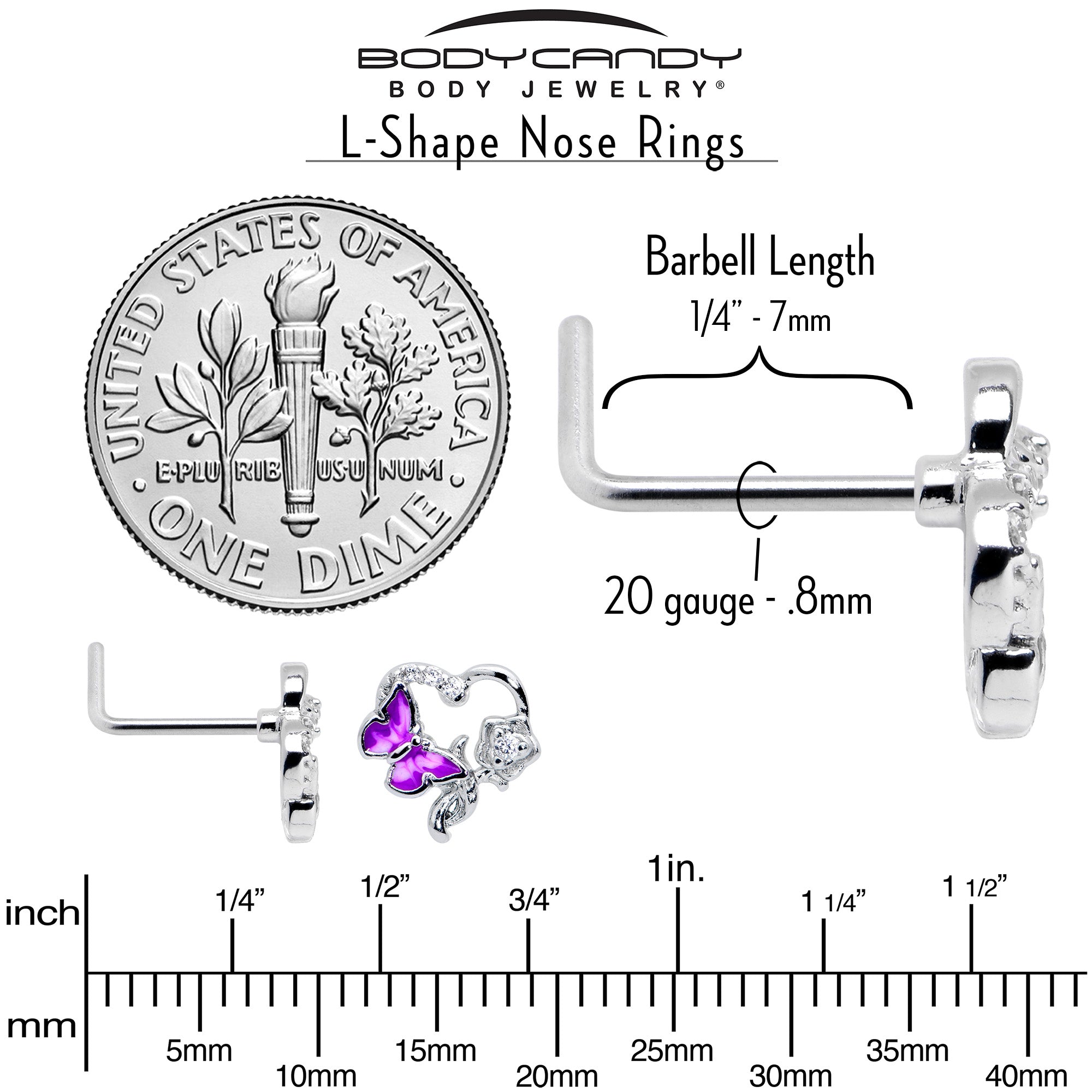 20G 7mm Clear CZ Gem Butterfly Rose Flower Purple L Shape Nose Ring