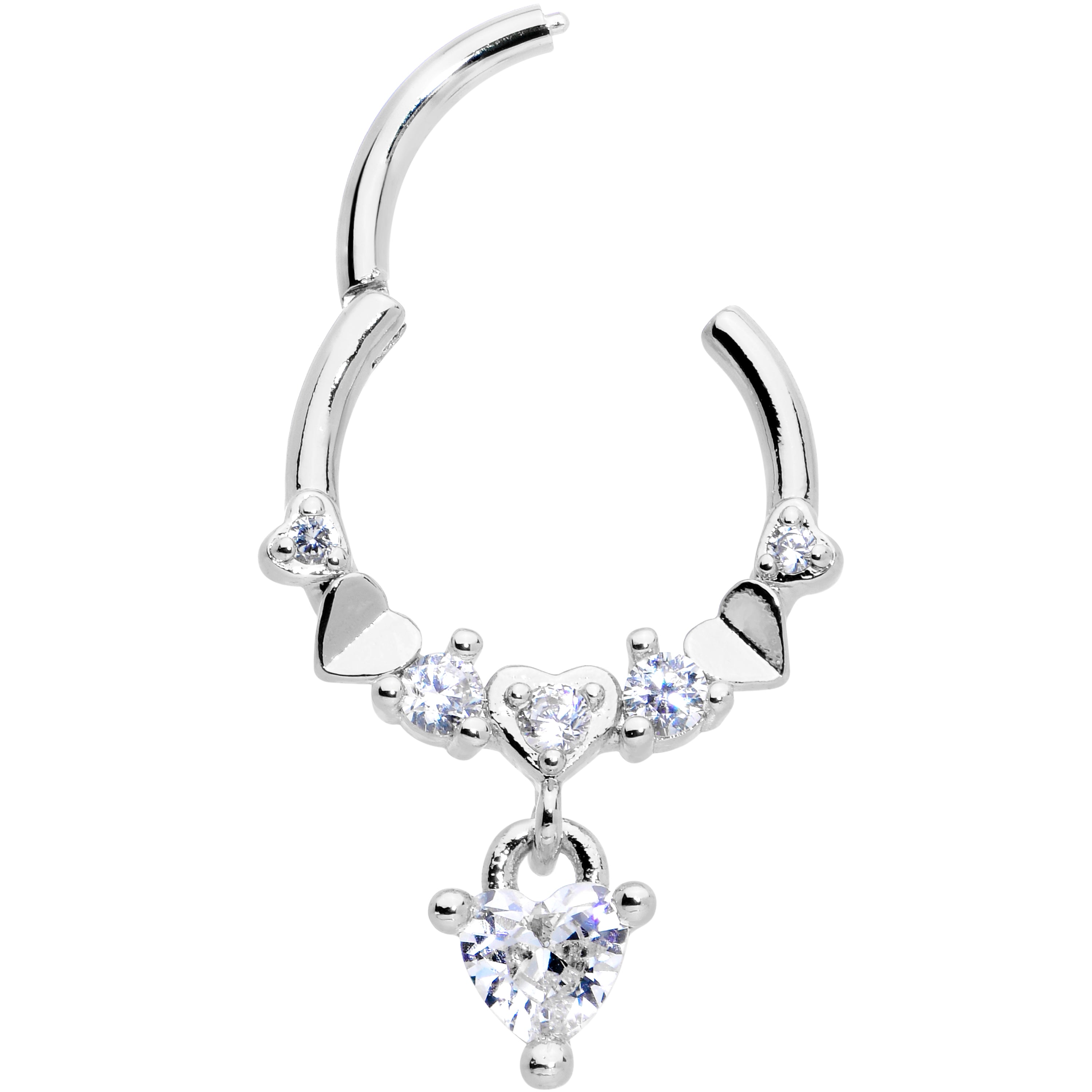 16G 3/8 Clear CZ Gem Love Heart Dangle Hinged Segment Ring