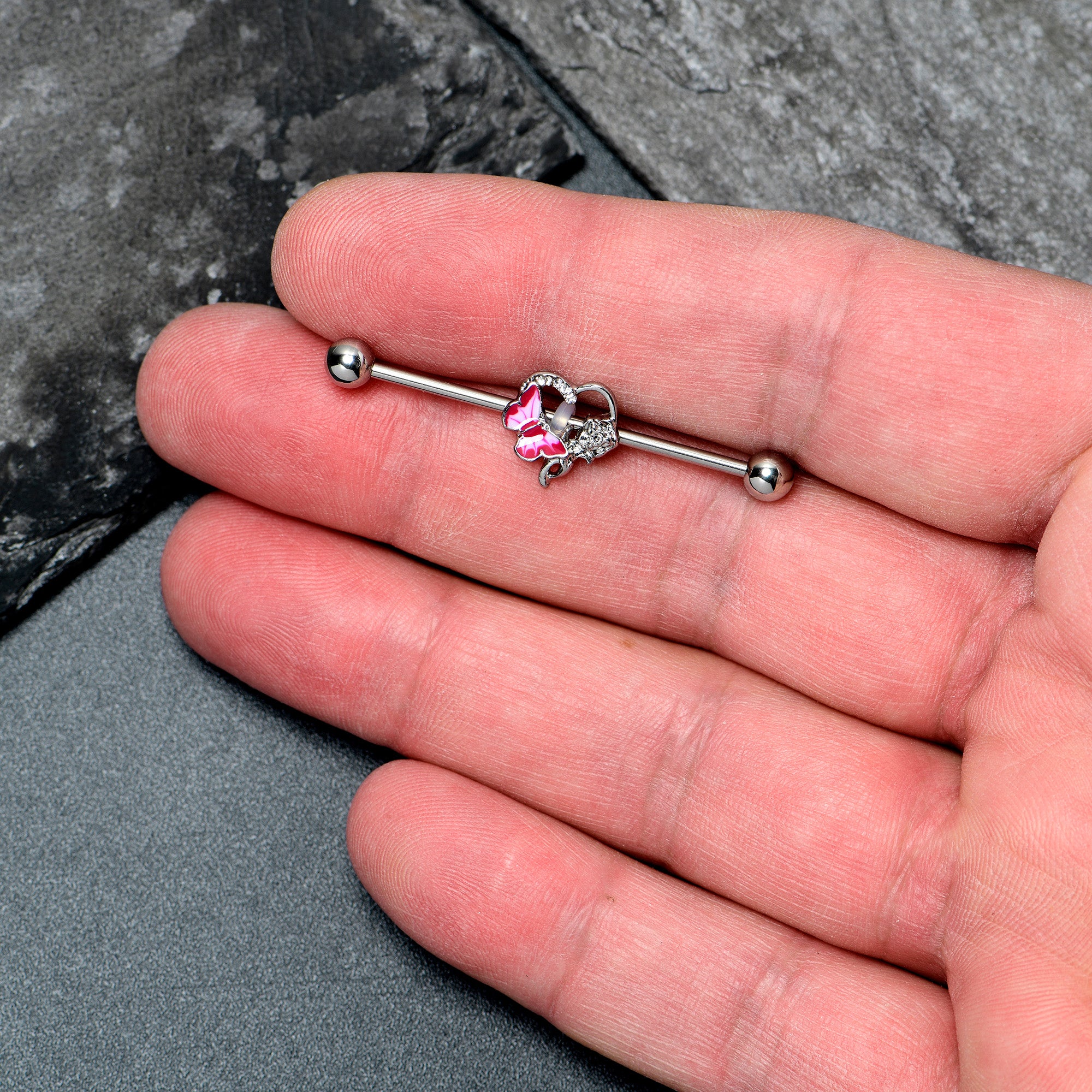 14G Clear Gem Butterfly Rose Flower Pink Industrial Barbell 38mm