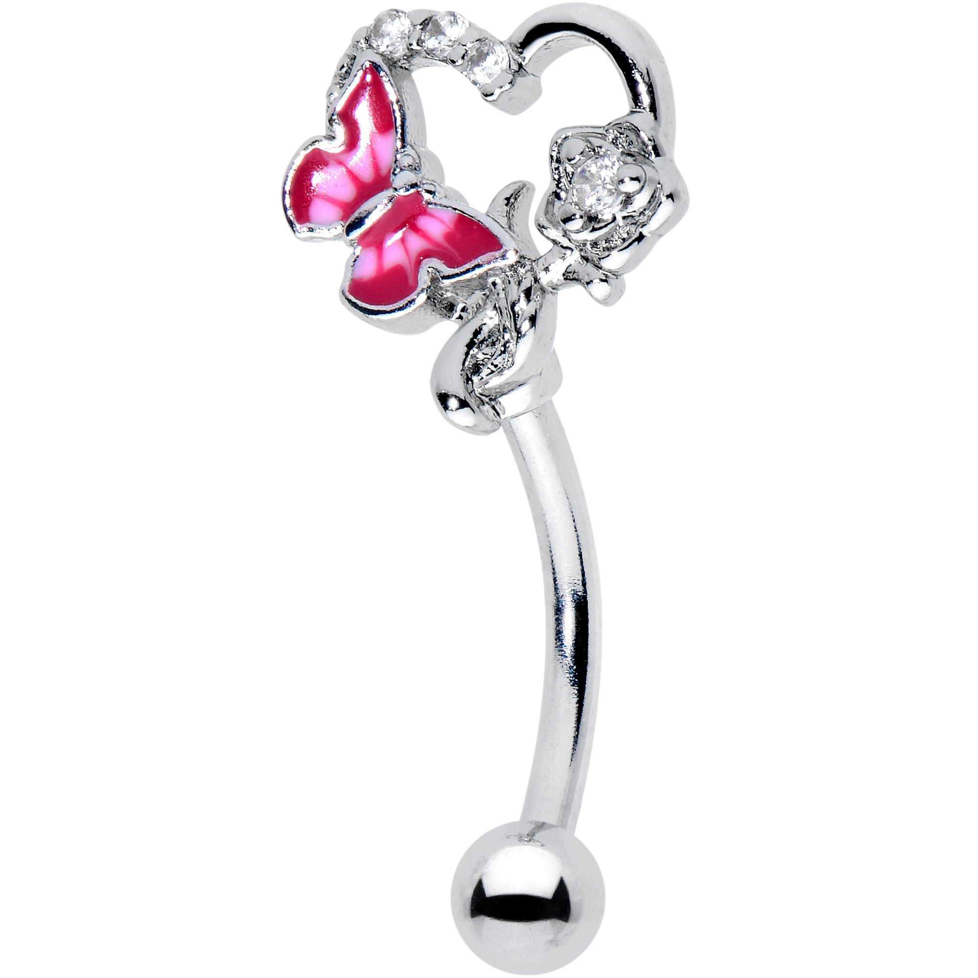 16G 5/16 Clear Gem Butterfly Rose Flower Pink Curved Eyebrow Ring