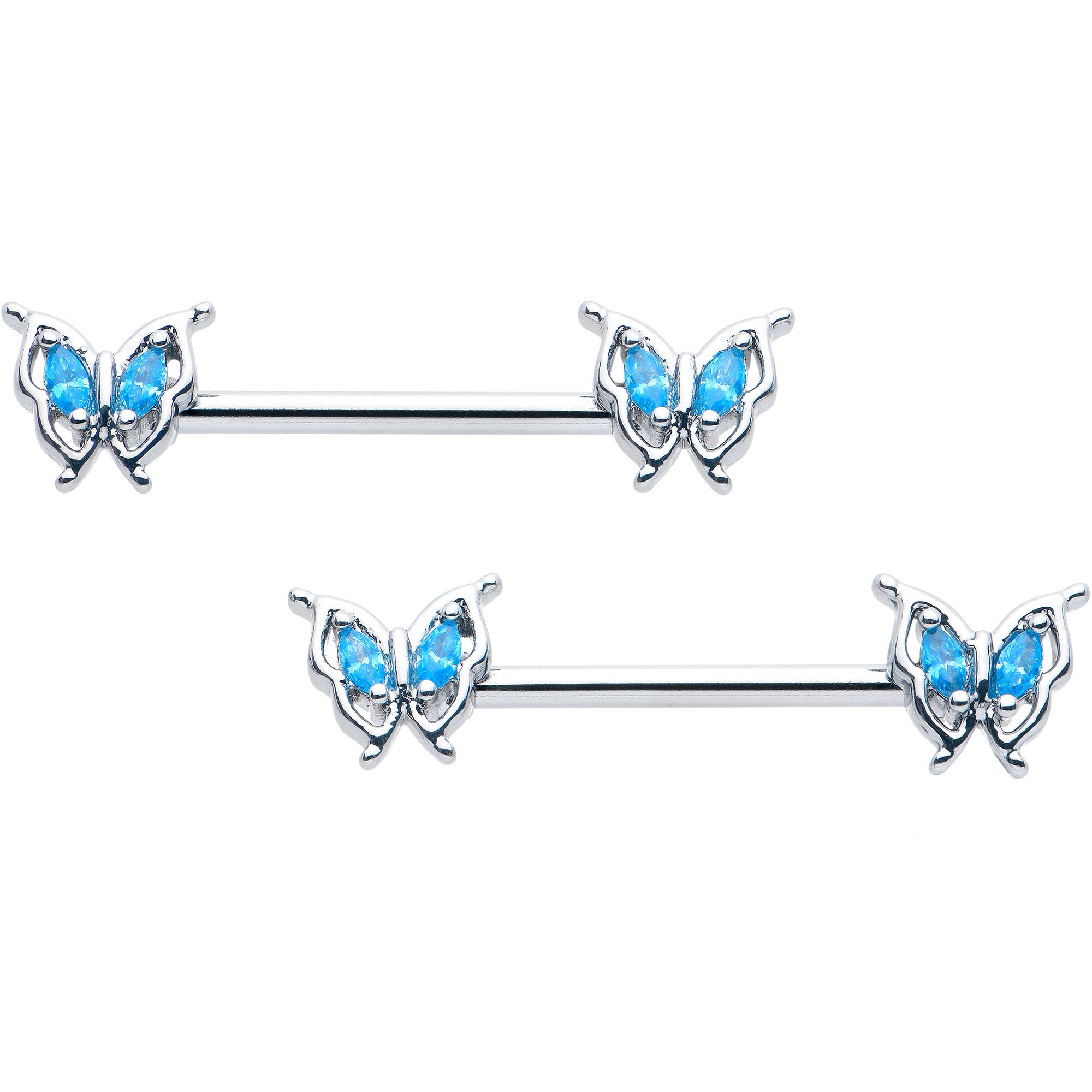 14 Gauge 9/16 Blue Gem Fancy Fab Butterfly Barbell Nipple Ring Set