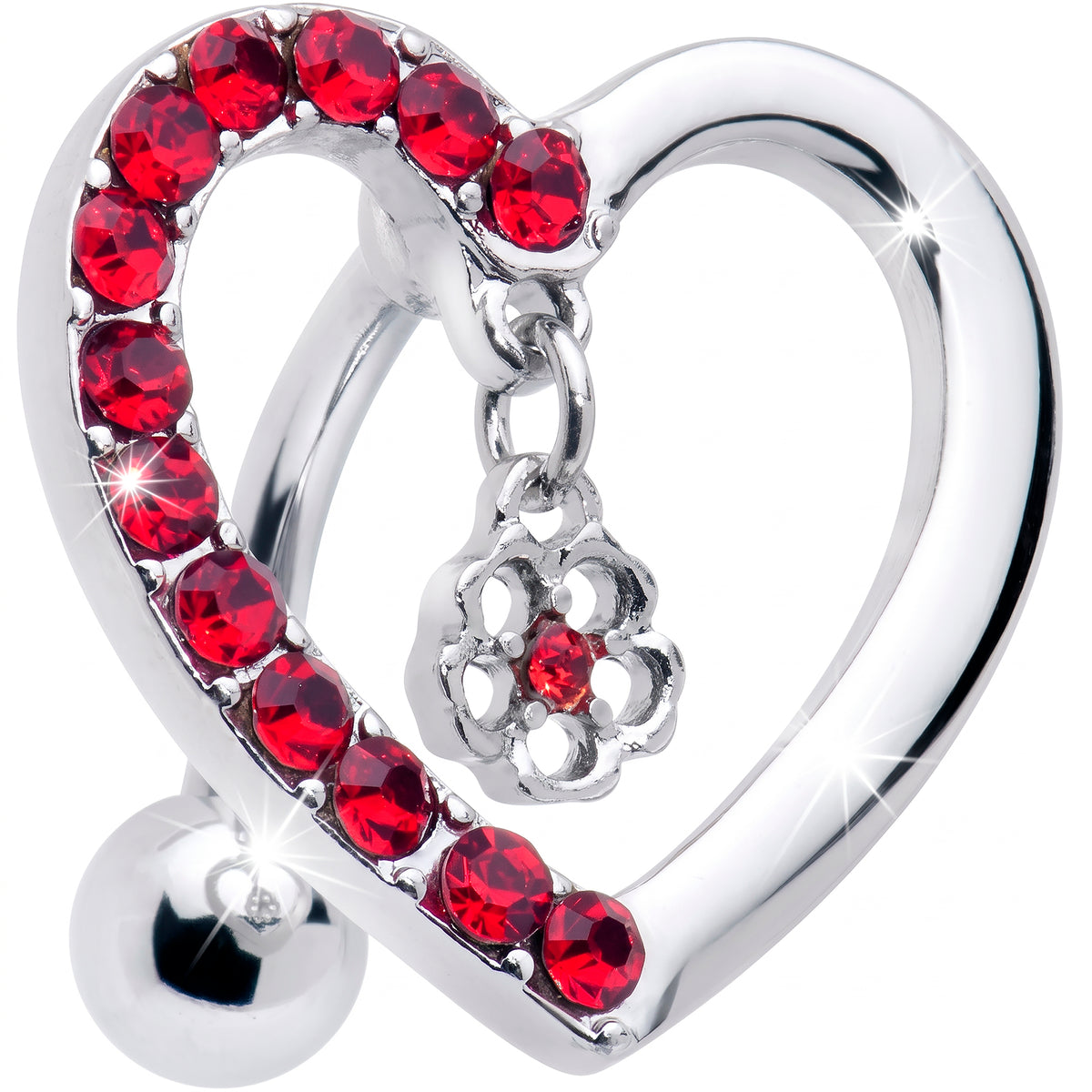 Red CZ Gem Asymmetrical Heart Flower Dangle Top Mount Belly Ring