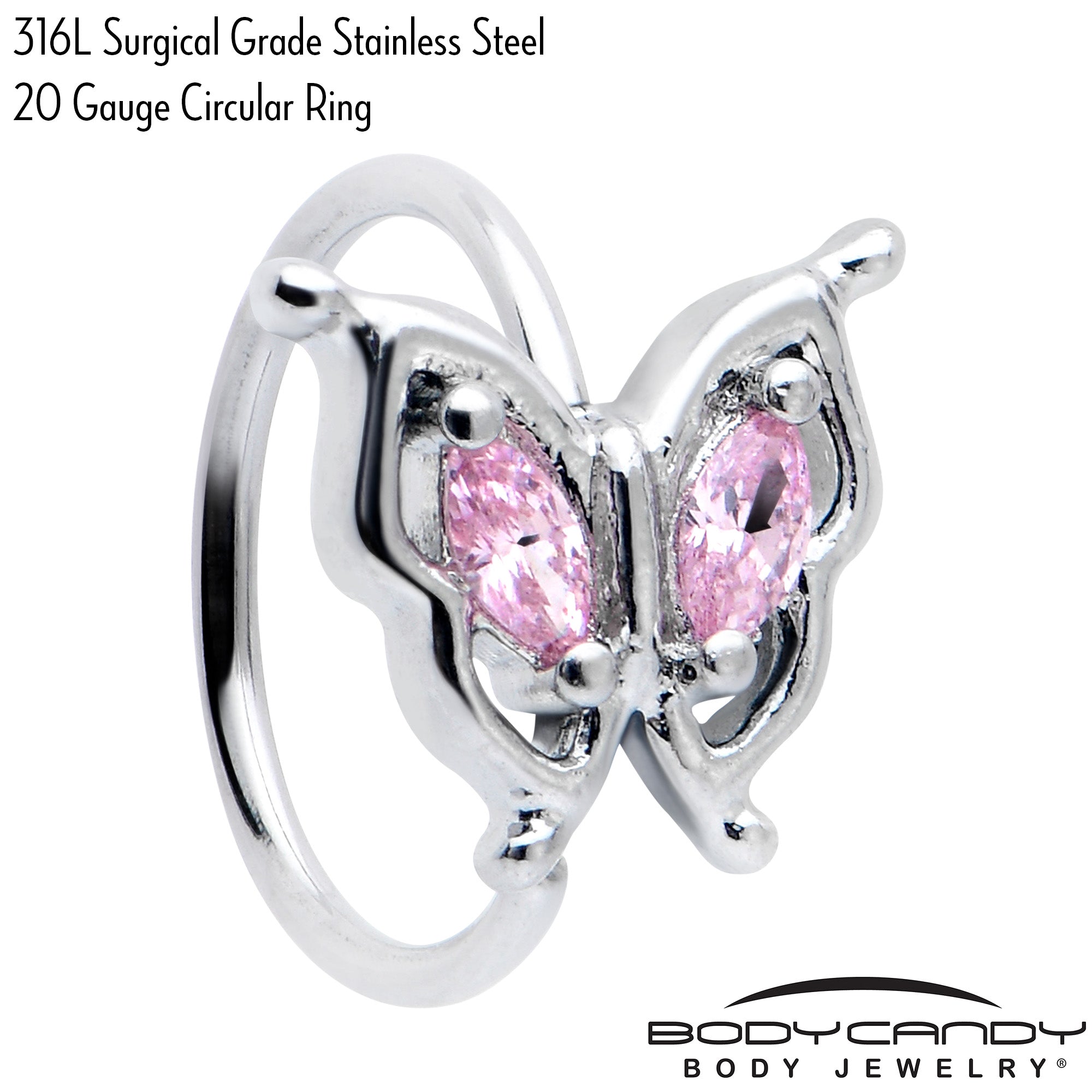 20 Gauge 5/16 Pink Gem Fancy Fab Butterfly Nose Hoop