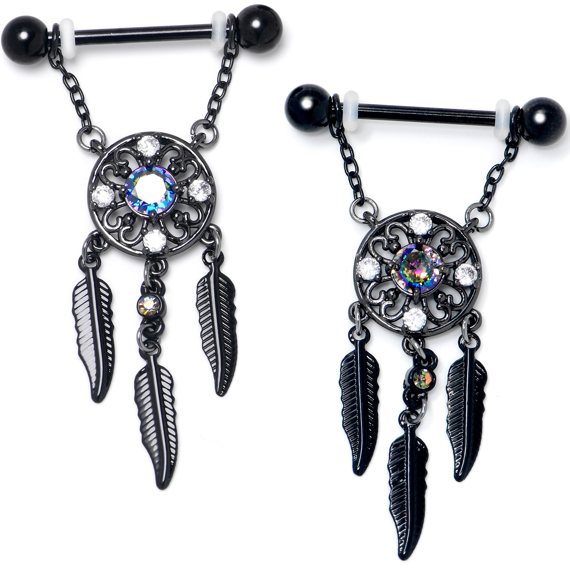 14G 9/16 Aurora CZ Gem Black Dreamcatcher Dangle Nipple Ring Set
