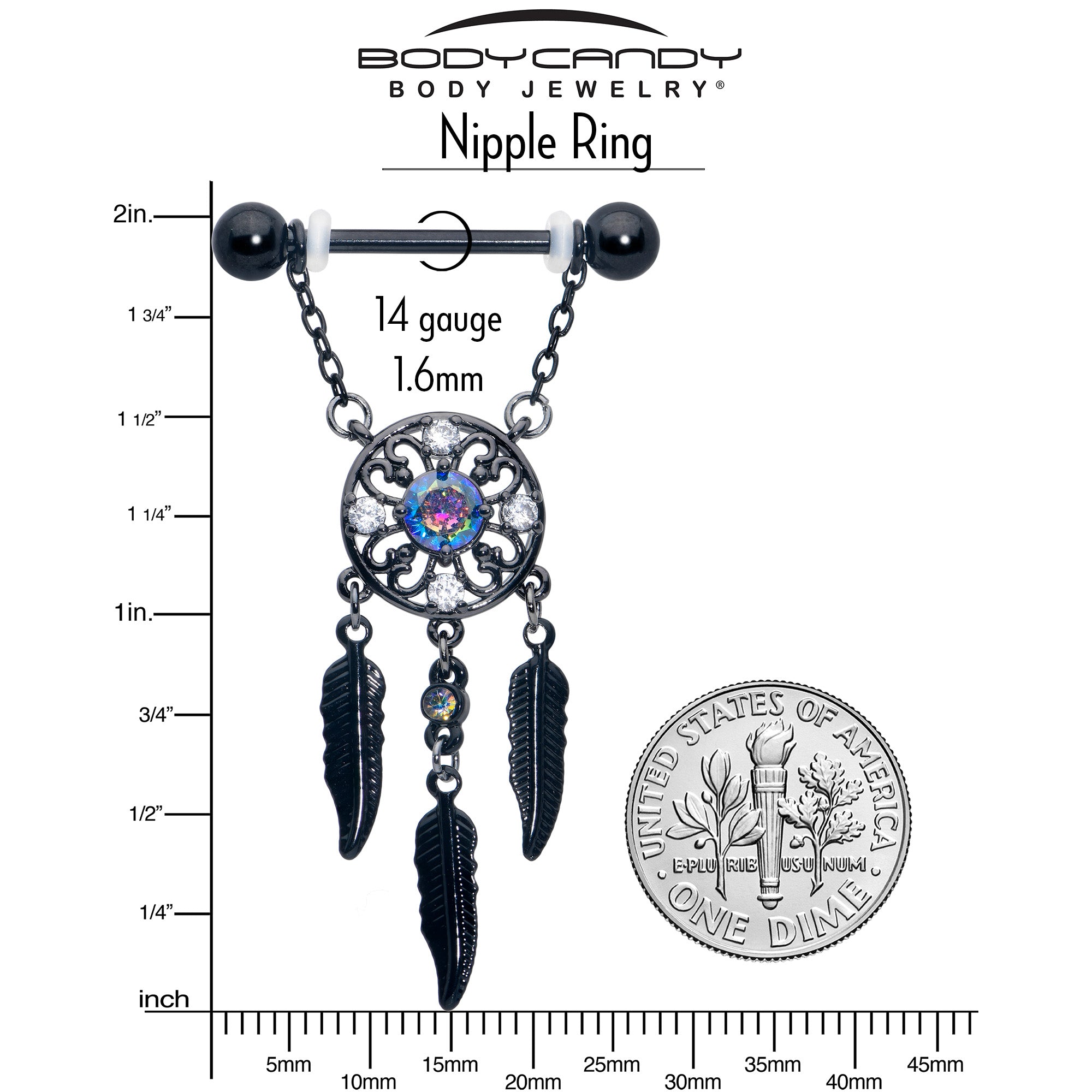 14G 9/16 Aurora CZ Gem Black Dreamcatcher Dangle Nipple Ring Set