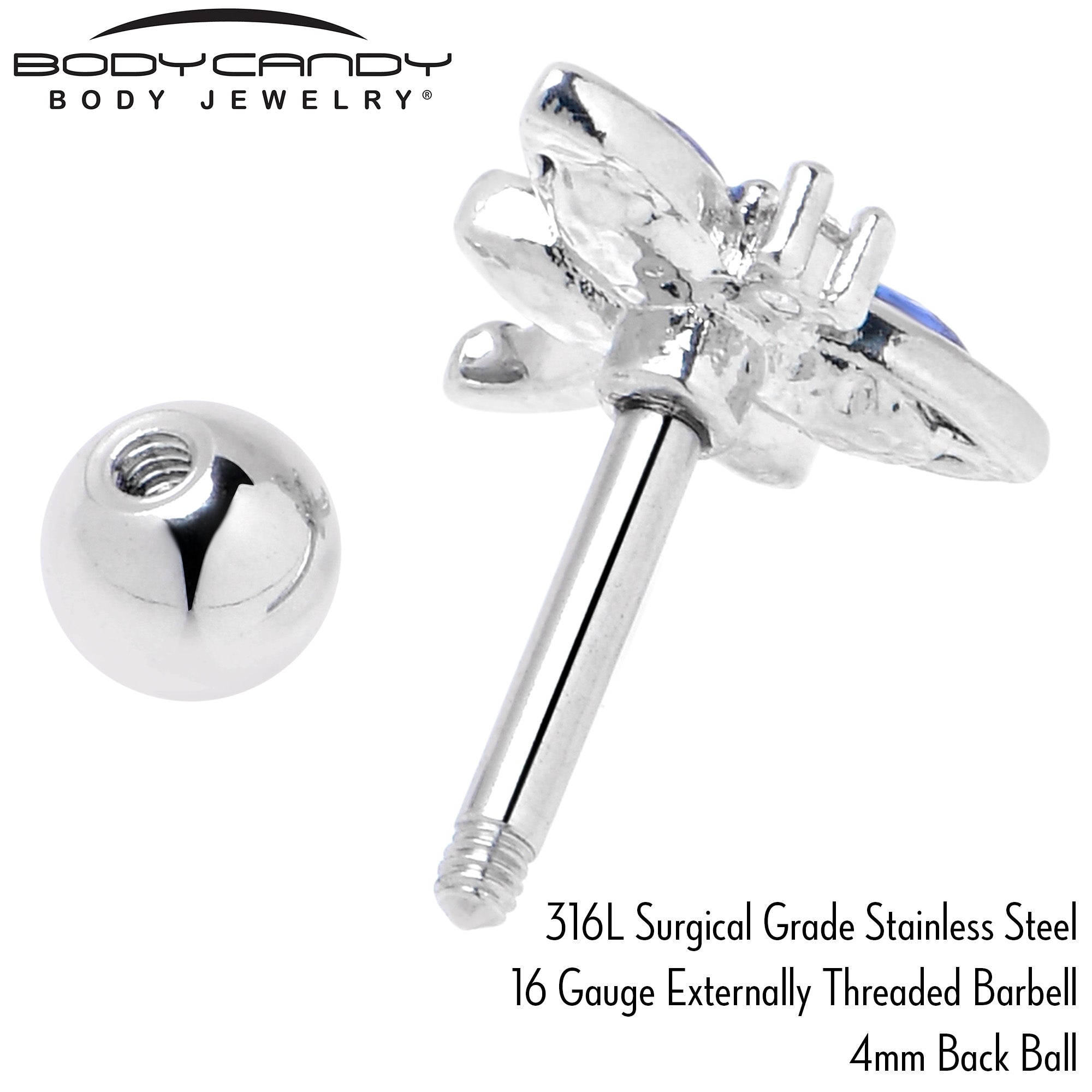 16 Gauge 1/4 Blue CZ Gem Dragonfly Style Cartilage Tragus Earring