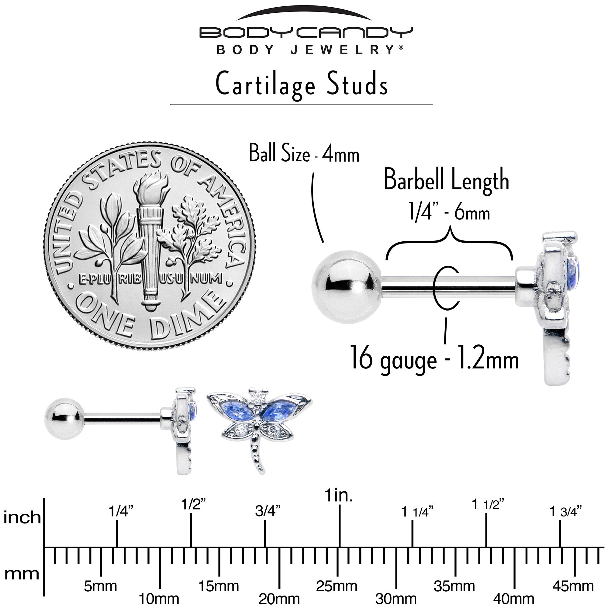 16 Gauge 1/4 Blue CZ Gem Dragonfly Style Cartilage Tragus Earring