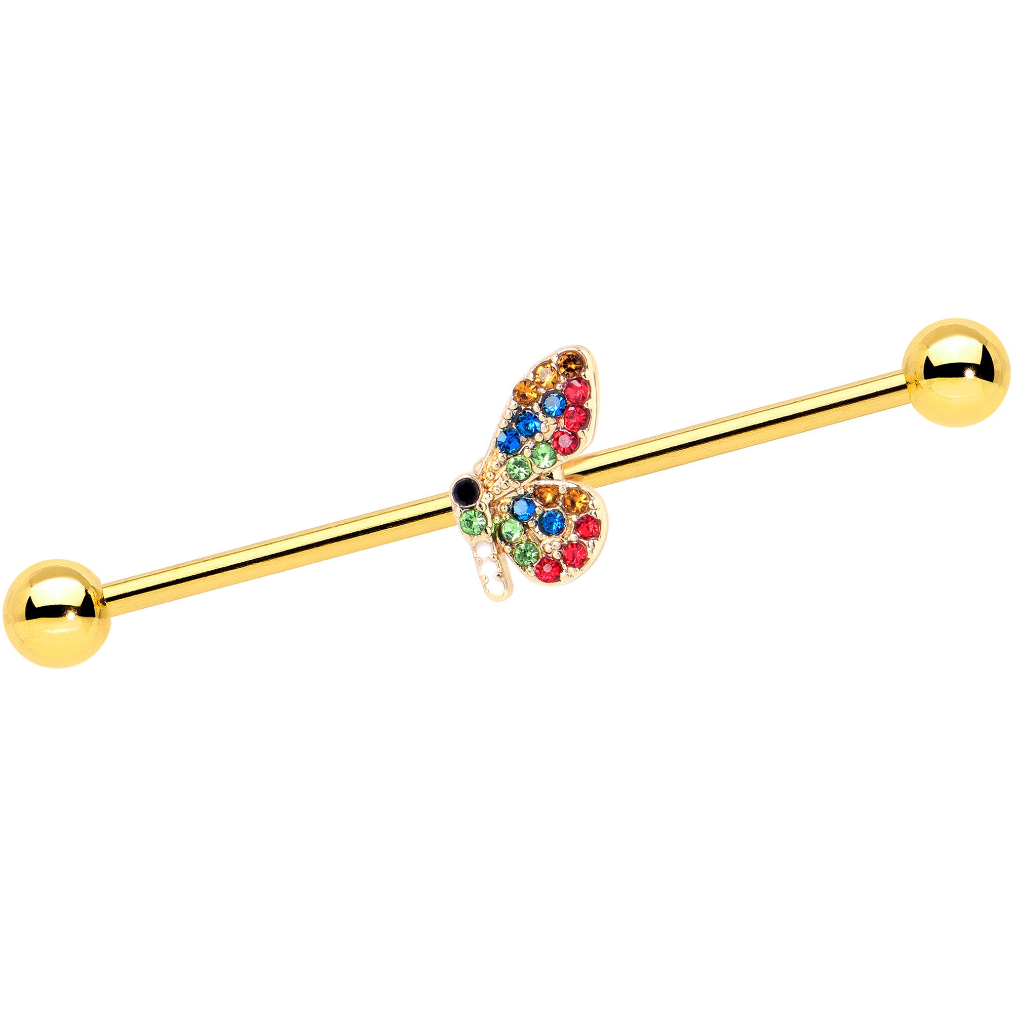 14 Gauge Red Blue Gem Gold Tone Butterfly Industrial Barbell 38mm