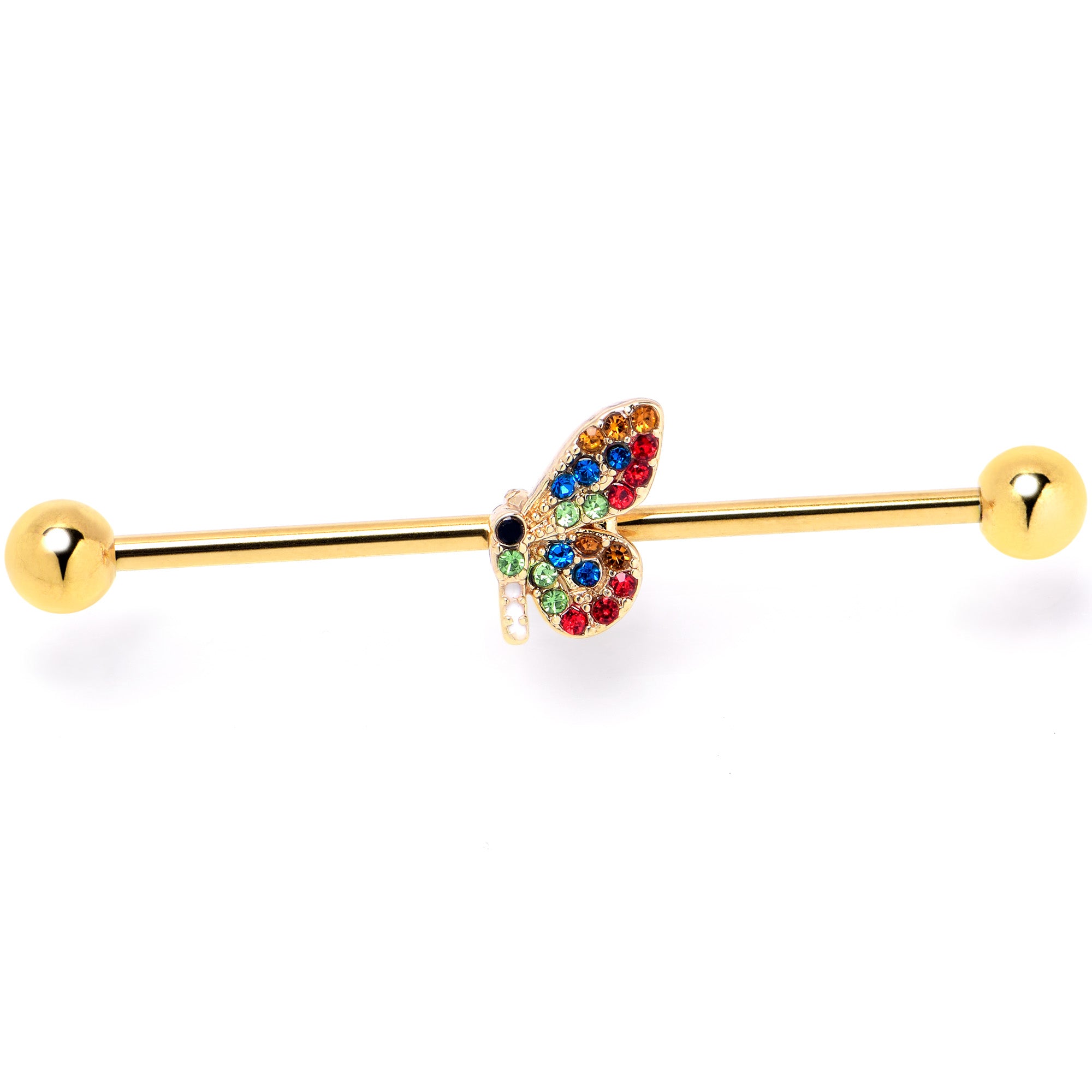 14 Gauge Red Blue Gem Gold Tone Butterfly Industrial Barbell 38mm