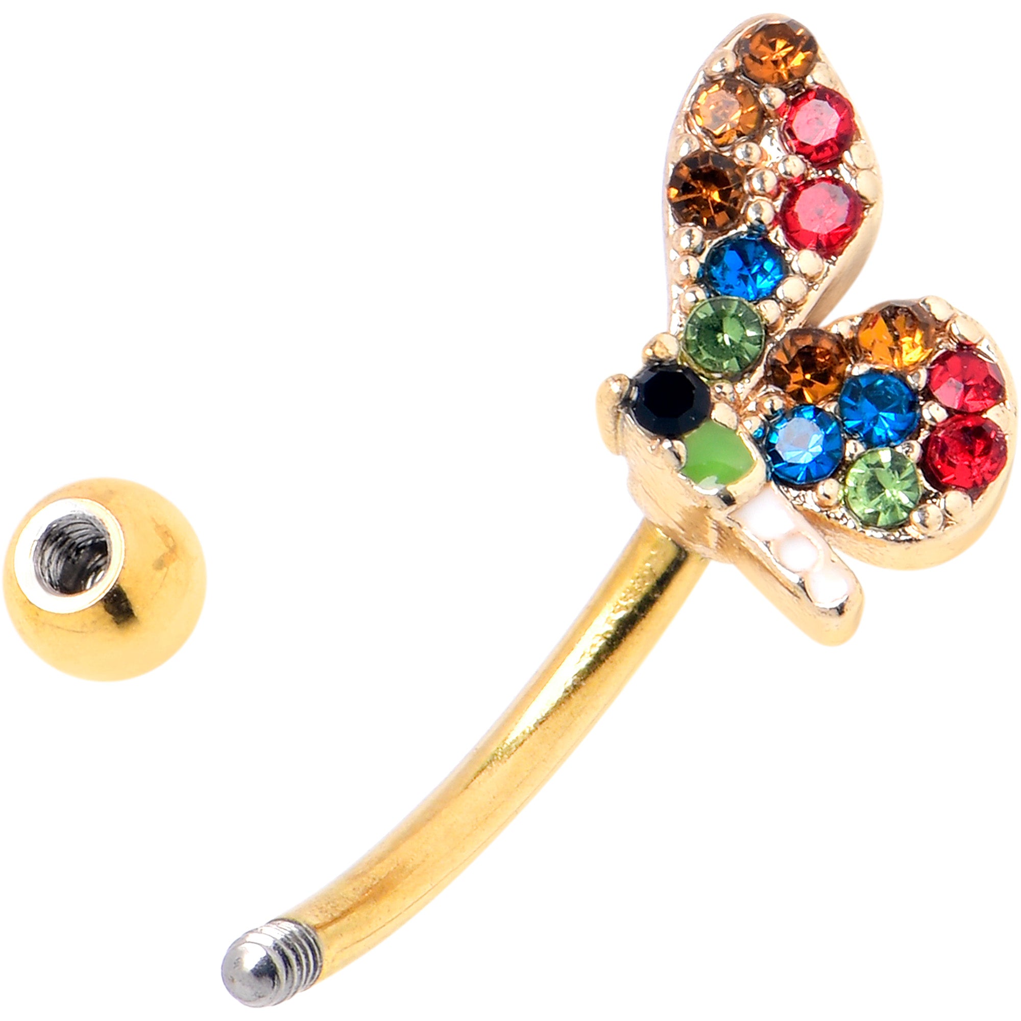 16G 5/16 Red Blue Gem Gold Tone Butterfly Curved Eyebrow Ring