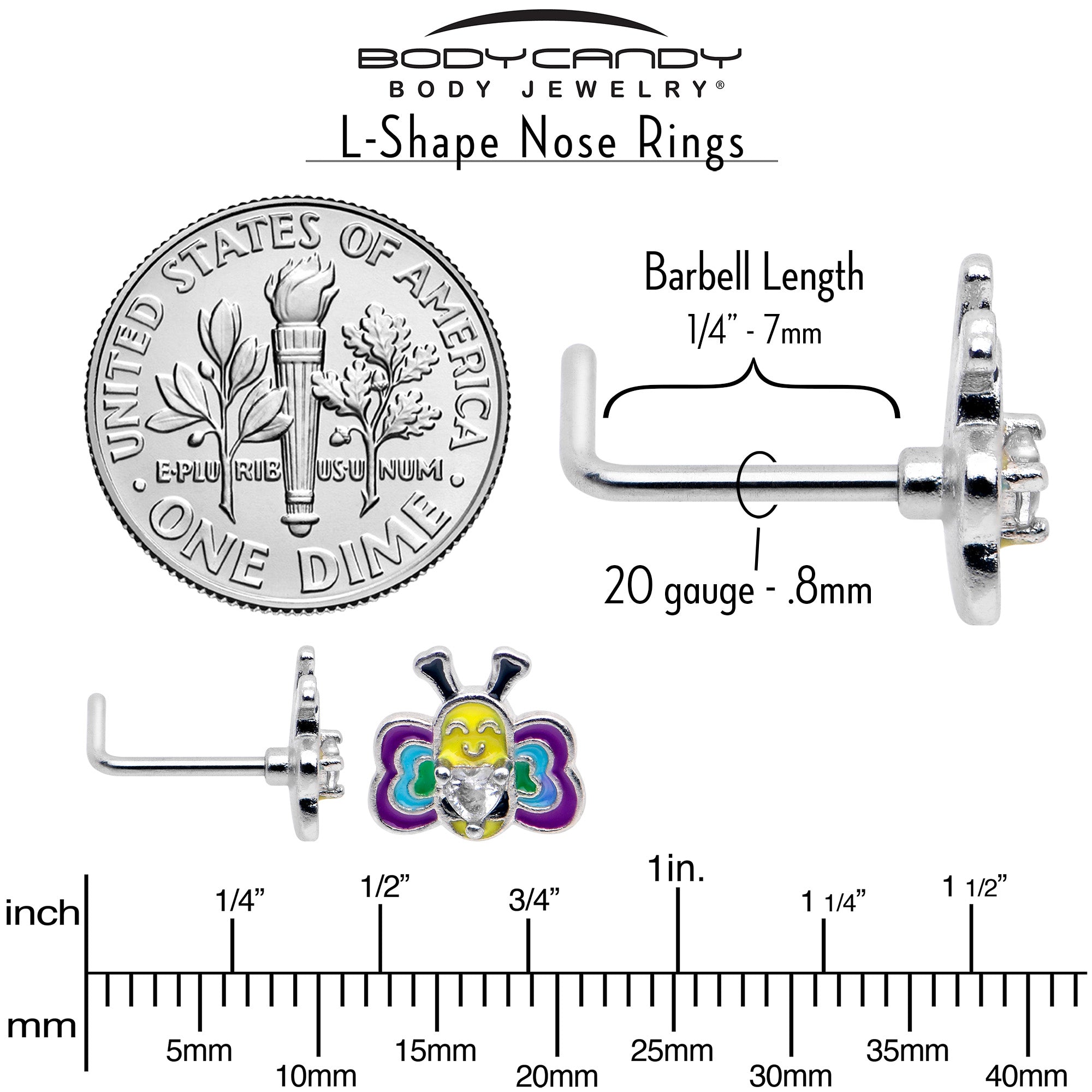 20G 7mm Clear CZ Gem Butterfly Love Bug L Shape Nose Ring